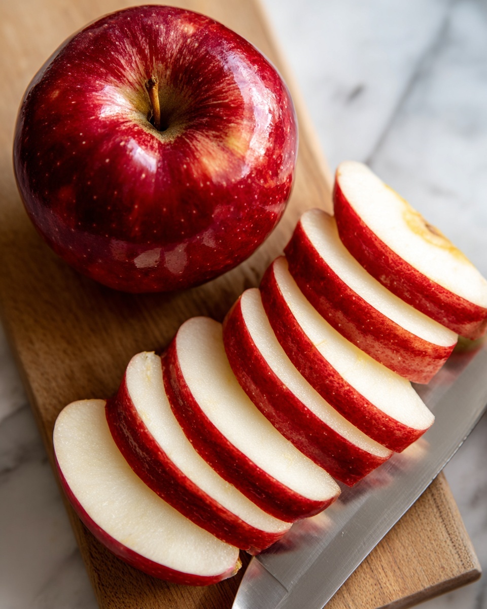 A close-up image shows a red apple being sliced on a wooden board. On the left side, there is the whole half of the apple with smooth, shiny, and deep red skin. On the right side, there are six thin and even apple slices arranged in a neat row, showing the inside's pale white color with red edges. A knife with a shiny metal blade is seen in the middle, cutting through the apple, and a woman's hand holds the knife. The background surface is changed to white marble with subtle gray veins. Photo taken with an iphone --ar 4:5 --v 7