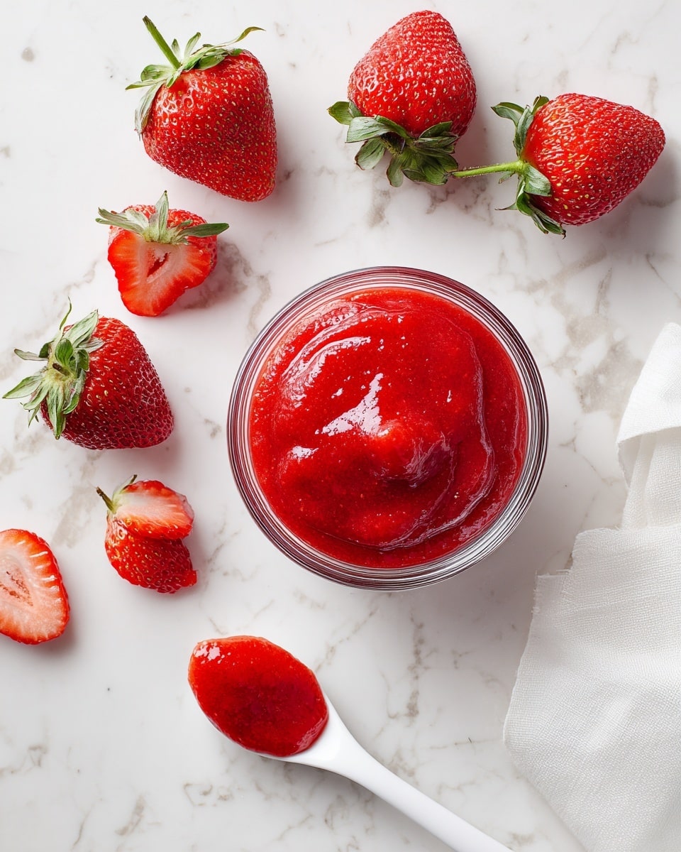 A clear bowl filled with bright red strawberry puree sits on a white marbled surface, surrounded by seven whole, fresh strawberries with green leaves. Two of the strawberries are cut in half, revealing their juicy red inside with white centers. Below the bowl, a white spoon holds a dollop of the same red puree, and a white cloth is partially visible on the right side of the image. The scene is brightly lit, emphasizing the glossy texture of the strawberries and the smooth, thick texture of the puree. photo taken with an iphone --ar 4:5 --v 7
