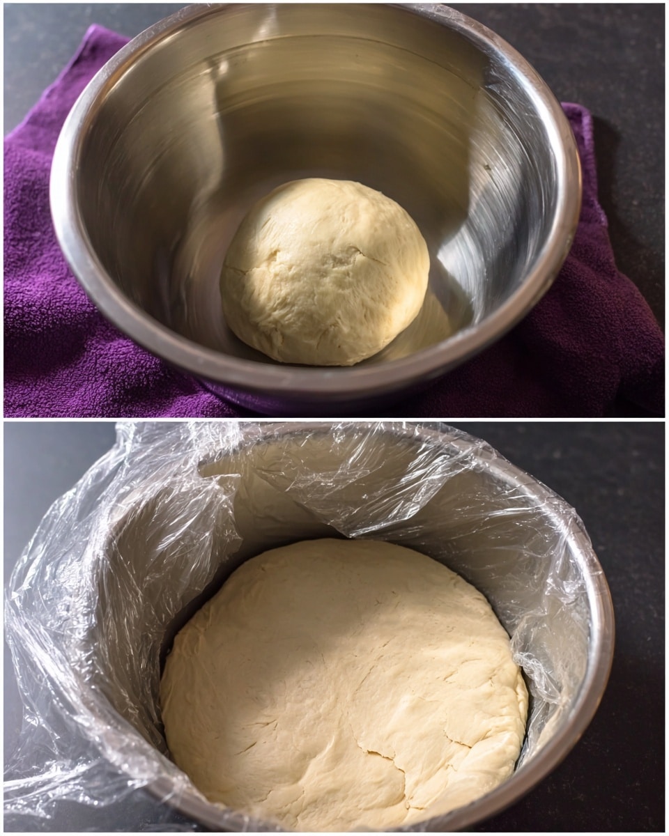 The image shows two views of dough in a large silver mixing bowl. In the top view, the dough is rolled into a small round ball with a smooth but slightly wrinkled surface, placed in the middle of the bowl. In the bottom view, the dough is flattened out, covering the bowl's bottom with a smooth, pale beige surface that has a few small cracks and an even texture. The bowl is placed on a dark surface with a purple cloth nearby, and the bowl is partially covered with clear plastic wrap on one side. photo taken with an iphone --ar 4:5 --v 7
