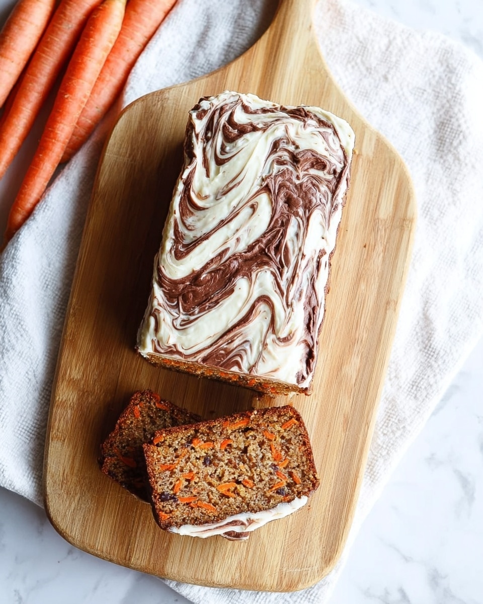 A rectangular carrot cake with one slice cut and placed in front of it sits on a wooden cutting board. The cake has a light brown color with visible bits of orange carrot inside. The top is covered with a thick layer of white cream cheese frosting swirled with chocolate, creating a marbled brown and white pattern. The background is a white marbled surface with a white cloth underneath the board, and three whole carrots are placed to the top left side. Photo taken with an iphone --ar 4:5 --v 7