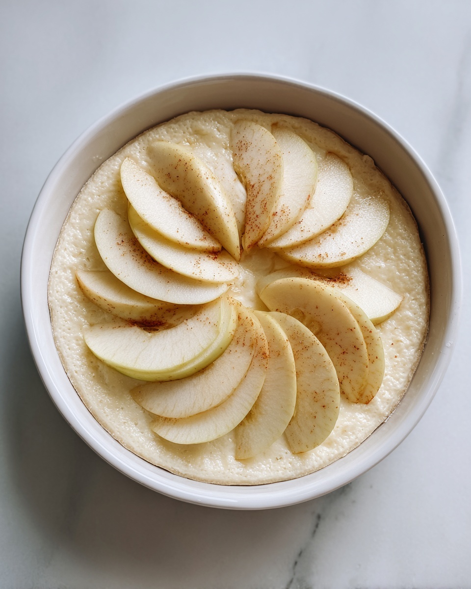 A round white ceramic dish filled with a creamy, pale batter layer. On top, there is a single layer of pale, thin apple slices arranged in overlapping circular rows from the outer edge to the center. The apples have a smooth texture with soft edges and slight light brown spots. The surface underneath is a white marbled texture. photo taken with an iphone --ar 4:5 --v 7