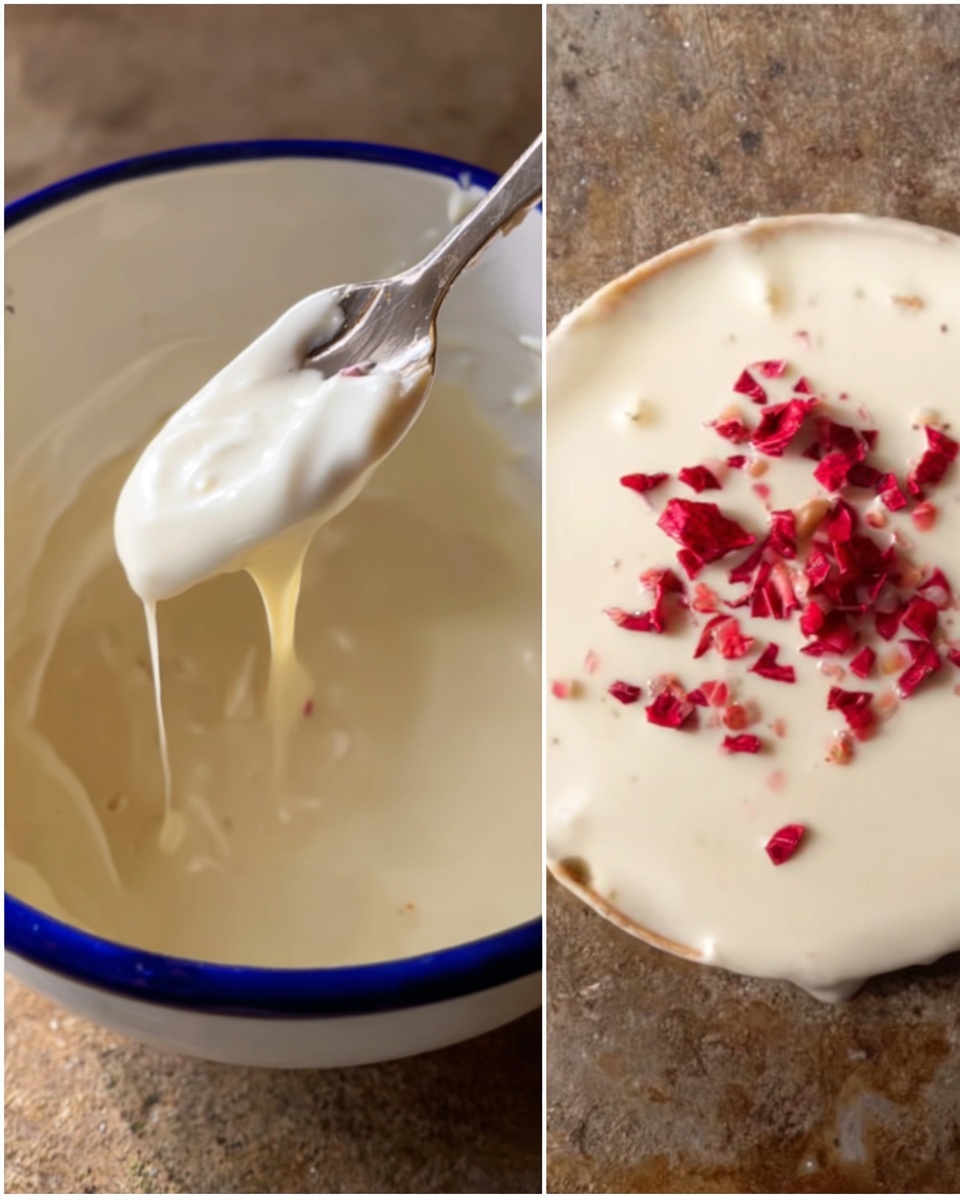 Two images side by side show a cooking process. On the left, a close-up of a white bowl with a blue rim holding thick, creamy white sauce, a metal fork with some sauce dripping from it is held above the bowl. On the right, a white, round, flat piece is covered with a smooth layer of white sauce and topped with small red pieces scattered on top, all placed on a rough surface. photo taken with an iphone --ar 4:5 --v 7