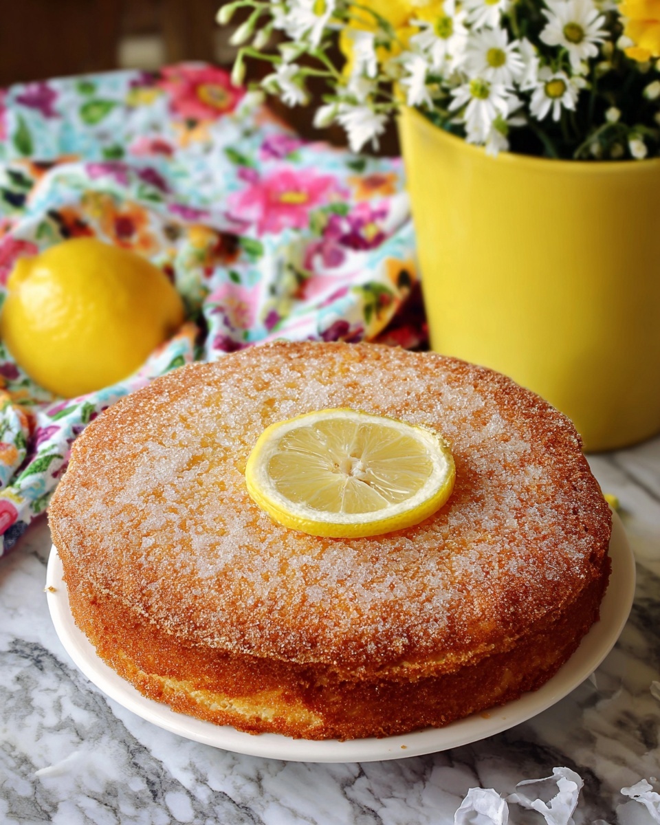 A single-layer round cake with a golden brown top lightly sprinkled with sugar, placed on a white plate. The cake has a slightly rough texture on top and is decorated with a thin lemon slice in the center. Nearby, a half lemon lies on a white marbled surface, next to a colorful floral cloth. A yellow pot with white and yellow flowers is also visible in the background. Photo taken with an iphone --ar 4:5 --v 7