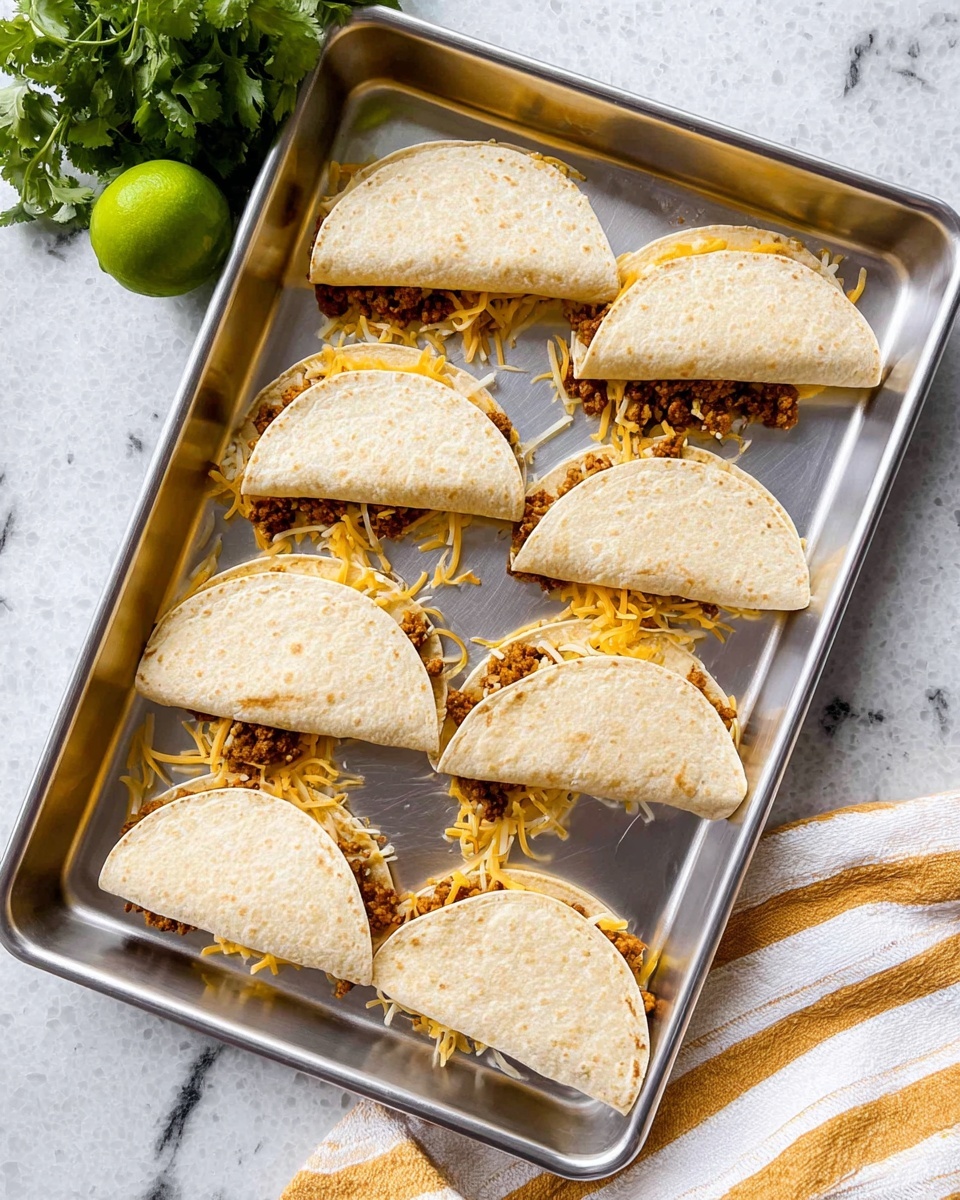 The image shows six folded tortillas on a silver baking tray. Each tortilla is folded in half and filled with a layer of browned ground meat mixed with visible spices, topped with shredded yellow and white cheese that slightly spills out from the edges, creating a mix of orange and white strands. The tortillas are a light golden brown with a soft texture. To the left side of the tray, there is a small bunch of fresh green cilantro and a whole green lime. The tray is set on a surface with a white marbled texture, and a cloth with white and mustard yellow stripes is partially visible at the bottom right corner. Photo taken with an iphone --ar 4:5 --v 7