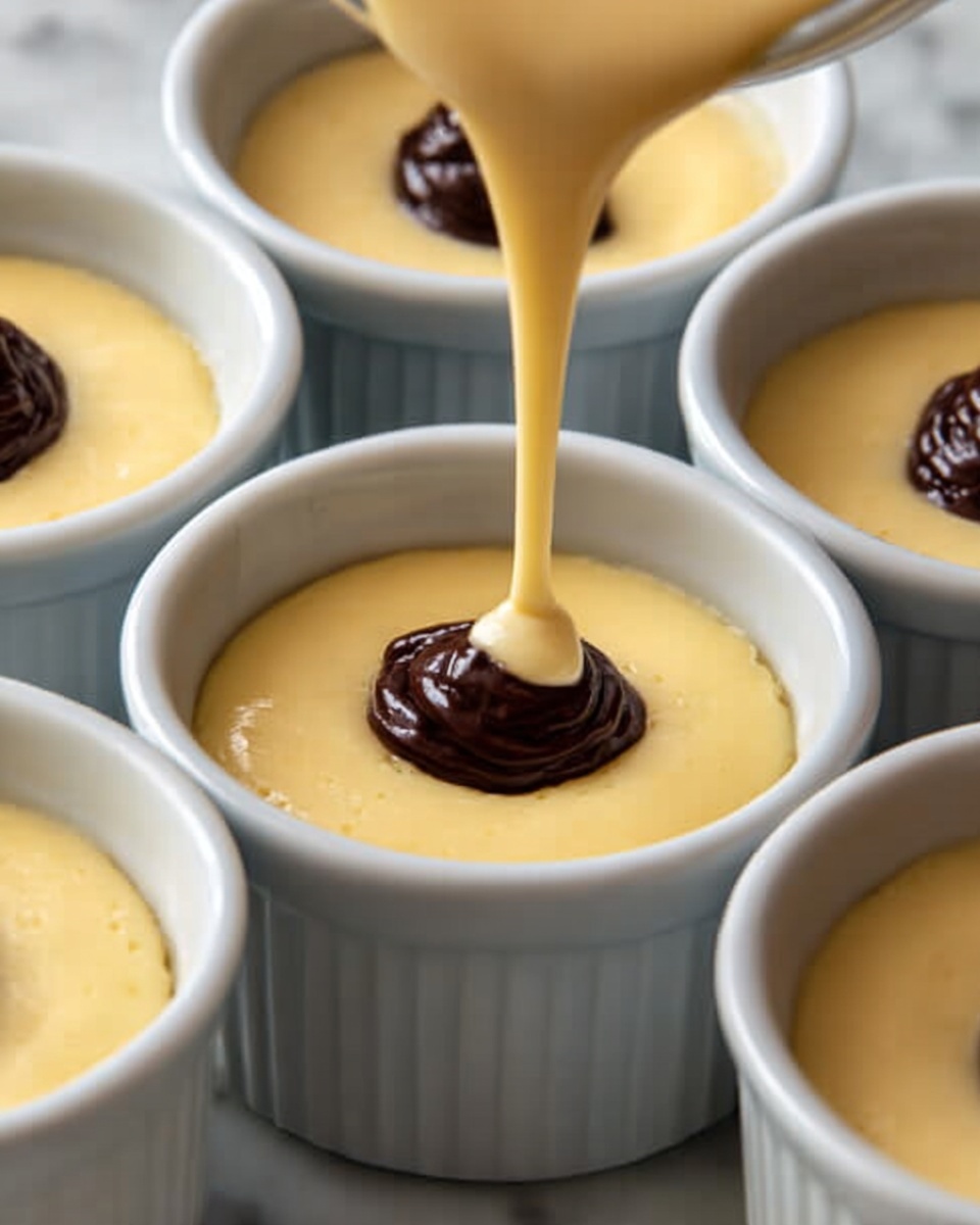 The image shows several white ramekins filled with a smooth, creamy yellow batter. Each ramekin holds two layers: the bottom layer is a thick yellow batter with a glossy texture, and the top layer consists of a small dollop of dark brown chocolate-like substance placed in the center. A pour of the yellow batter is being added to one ramekin from above, creating swirling patterns on the surface. The background is a white marbled texture. photo taken with an iphone --ar 4:5 --v 7