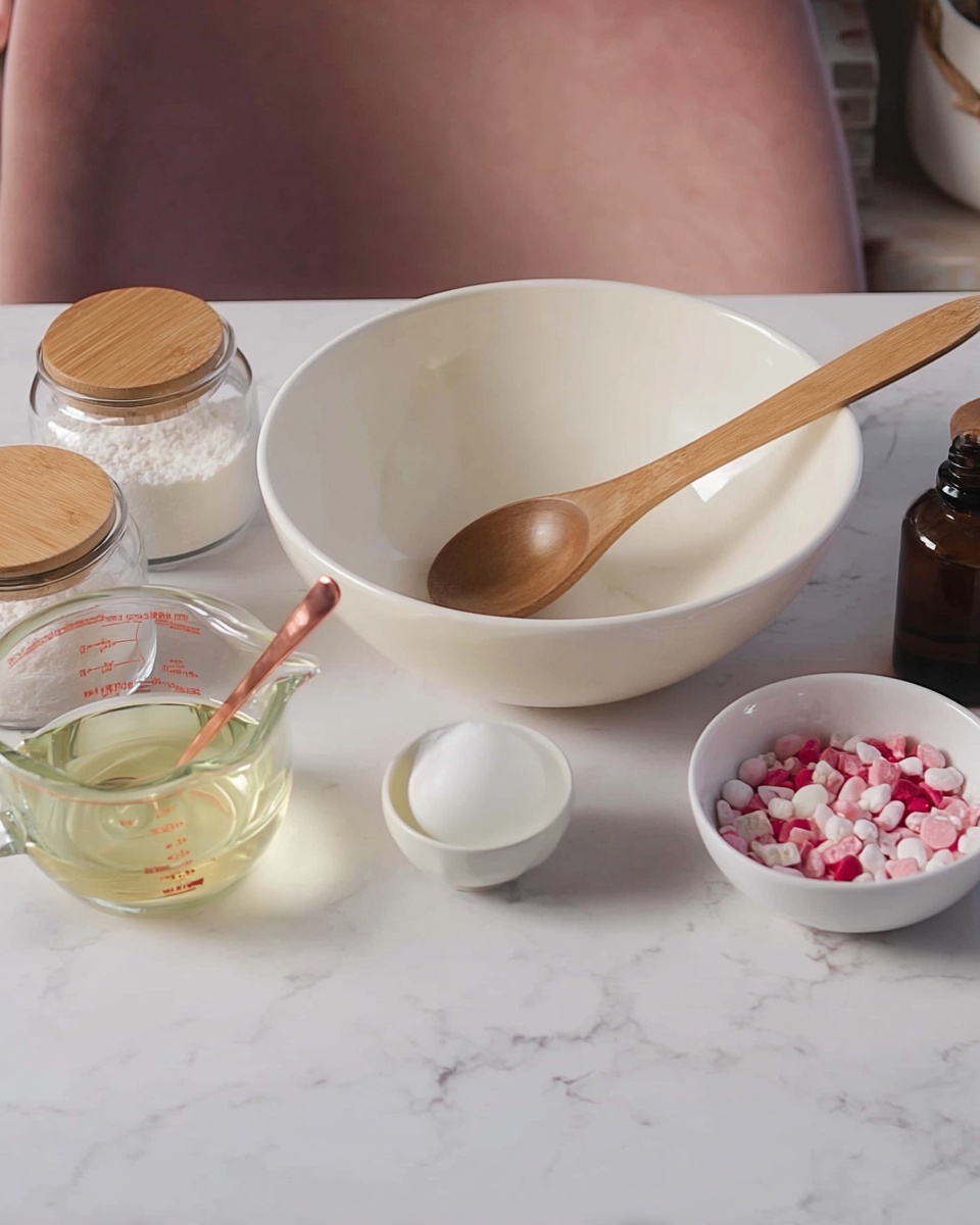 The image shows a white marbled surface with a few white bowls and containers arranged on it. There is a large white bowl in the center, which contains a wooden spoon with a smooth texture. To the right, there are two smaller white bowls - one holding a single white egg and the other filled with small pink, white, and red candy-coated pieces. On the left, there is a transparent glass measuring cup with a light yellow liquid and two clear glass containers with wooden lids, one containing a white powdery substance with a copper spoon resting on top. Behind these containers, there is a small dark bottle. The background consists of a white marbled surface and a soft pink chair. photo taken with an iphone --ar 4:5 --v 7