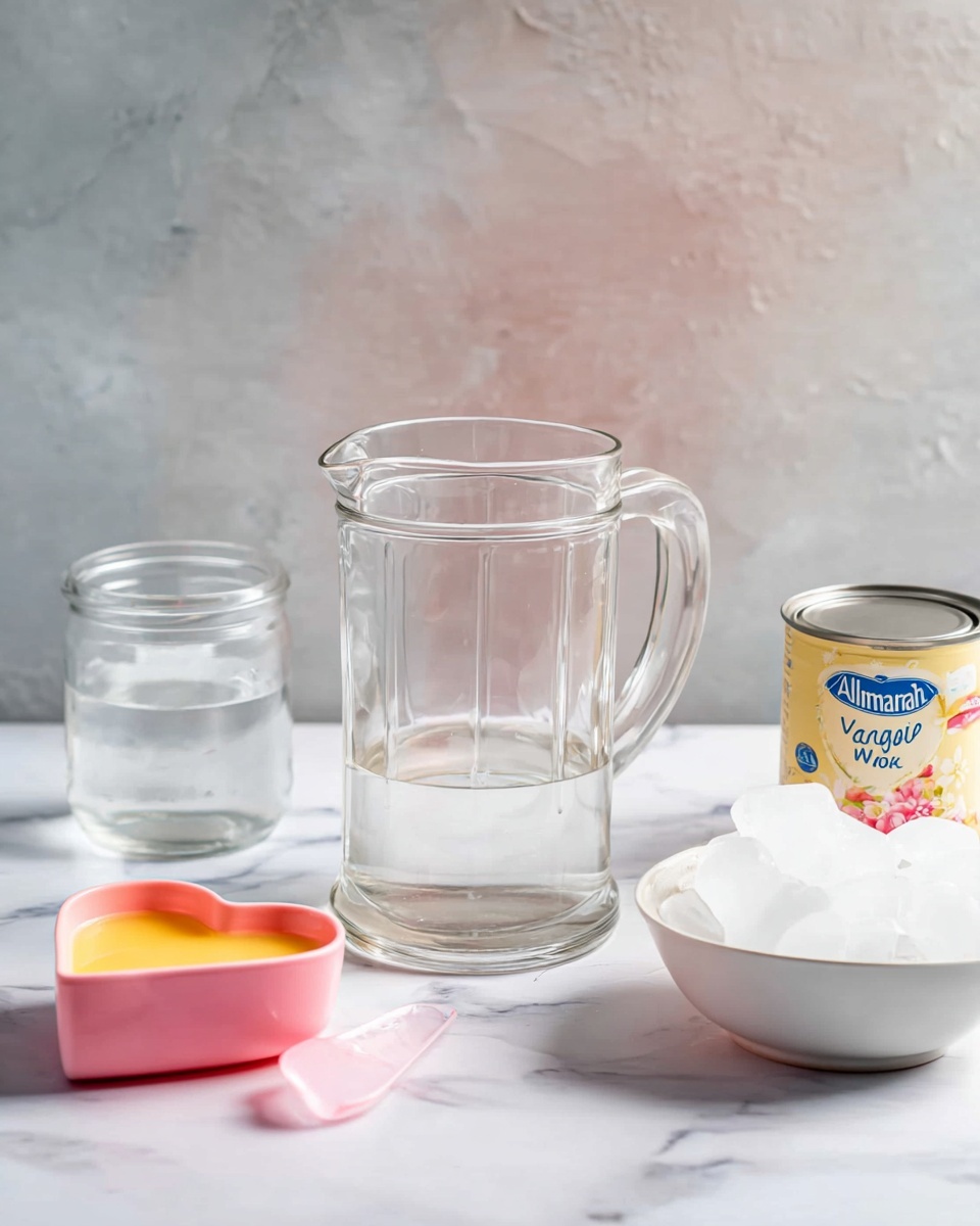 The image shows a clear empty glass pitcher with a handle in the middle, placed on a white marbled surface. To the left, there is a small glass jar with some water inside. In front of these, a pink heart-shaped measuring cup holds a thick yellow liquid. On the right side, a can of Almarai sweetened condensed milk with an open lid is visible next to a white bowl filled with large ice cubes. The background has a soft, textured grey tone. photo taken with an iphone --ar 4:5 --v 7