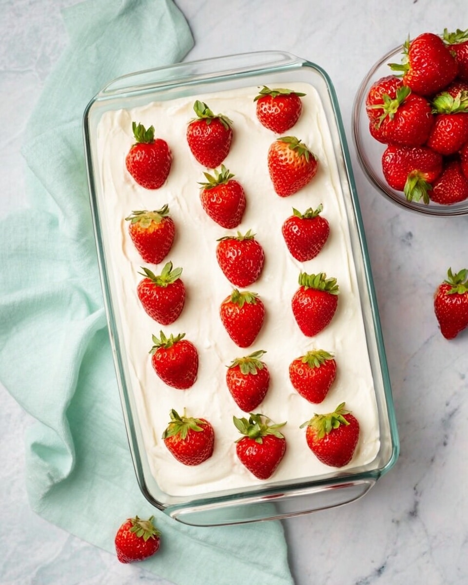 A clear glass rectangular dish filled with a smooth, thick white cream layer, topped with whole fresh red strawberries with green leaves, evenly spaced in three rows of four, placed on a white marbled surface with a light blue cloth to the left and a clear bowl of extra strawberries to the upper right. photo taken with an iphone --ar 4:5 --v 7
