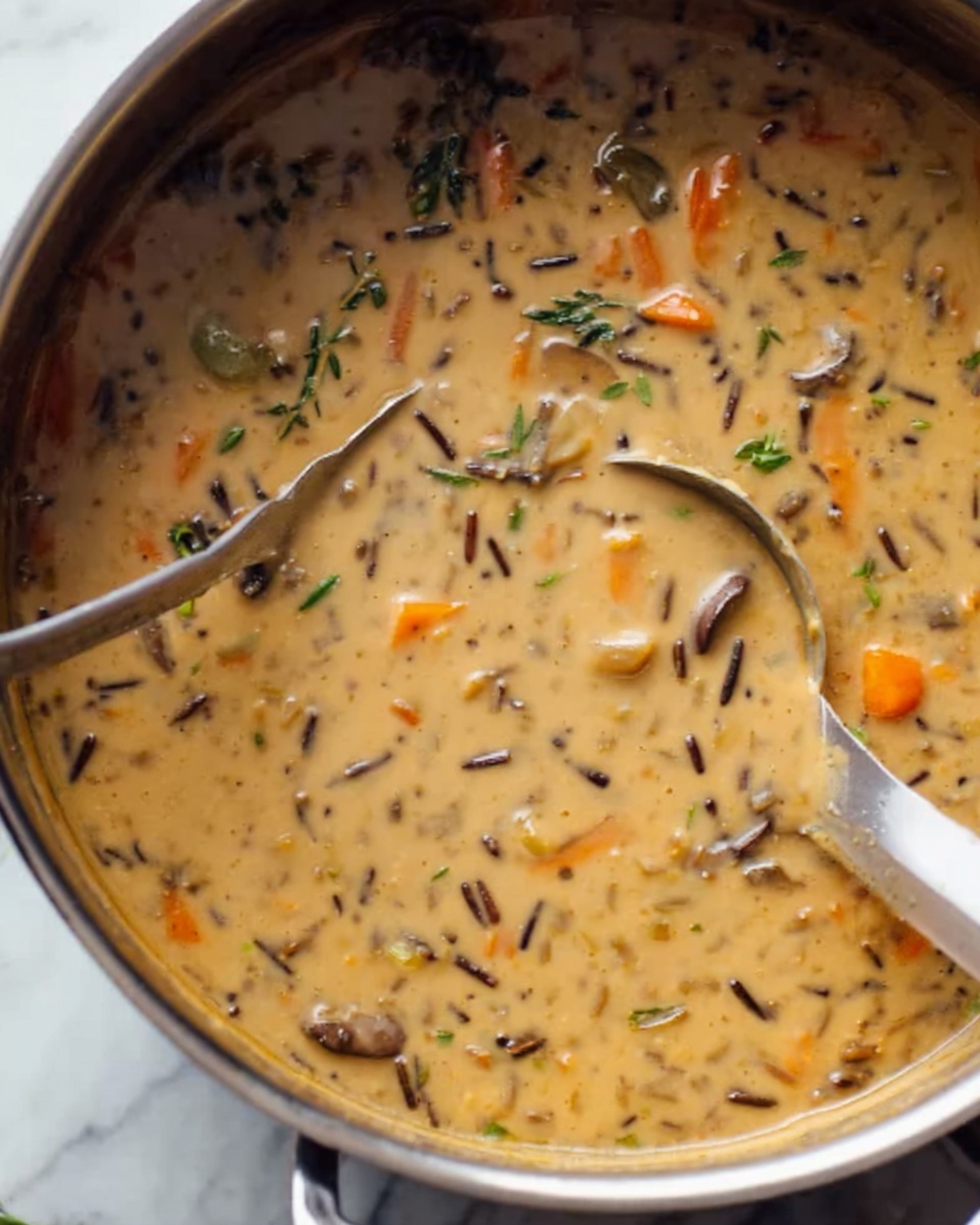 A close-up view of a creamy soup in a shiny metal pot sitting on a white marbled surface. The soup has a thick texture and light brown color with visible small pieces of orange carrots, dark wild rice, and green herbs mixed throughout. A silver ladle is partially dipped into the soup on the right side, and a silver spatula is lying on the pot's edge on the top left. The overall look is warm and hearty with a mix of soft and chunky parts. photo taken with an iphone --ar 4:5 --v 7