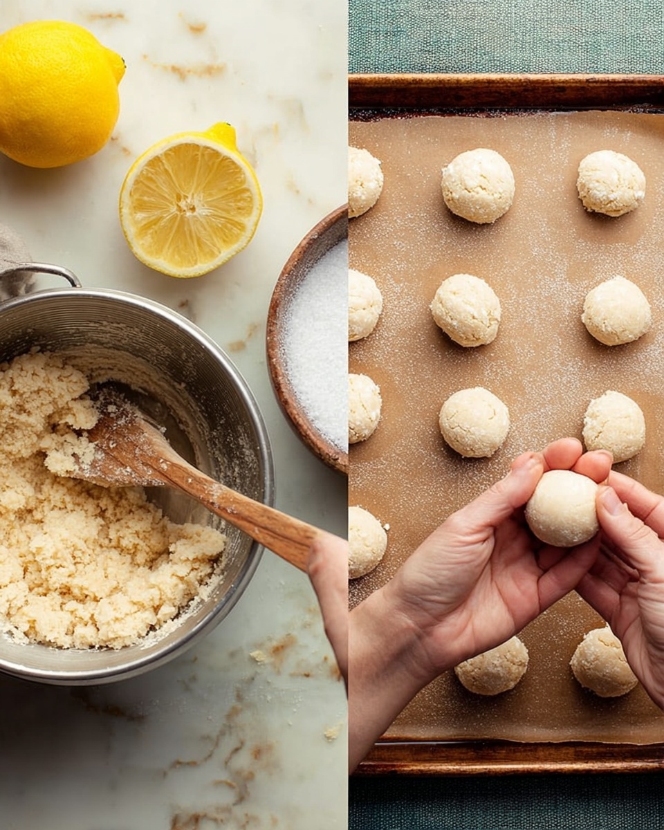 The left side shows a metal bowl with rough, crumbly dough inside, light beige in color, with a wooden spatula resting in it. To the side, two halved lemons are partially visible on a white marbled surface. The right side shows woman's hands holding a smooth, round dough ball above a baking sheet lined with brown parchment paper; several other dough balls rest on the sheet, some rolled in sugar with a white bowl full of sugar nearby. photo taken with an iphone --ar 4:5 --v 7