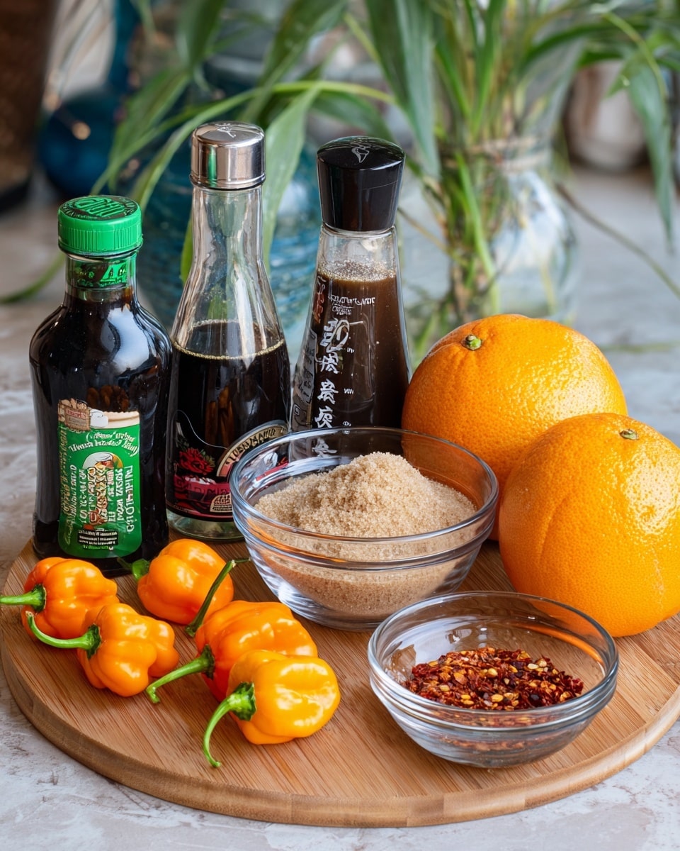 The image shows a wooden board with several ingredients arranged on it. In the back row, there are four bottles: a dark soy sauce bottle with a green cap on the left, followed by a clear balsamic vinegar bottle with a black cap, a Worcestershire sauce bottle with a black cap, and a small dark bottle of liquid smoke with a black cap. In front of the bottles is a clear glass bowl filled with light brown sugar. To the right of the bowl, there are two whole citrus fruits, one orange and one grapefruit, both with smooth shiny skin. On the left foreground, there are five bright orange habanero peppers with green stems. In front of the peppers is a small clear bowl with red chili flakes. The scene is set against a white marbled texture surface with some green plants and a glass vase in the background. photo taken with an iphone --ar 4:5 --v 7