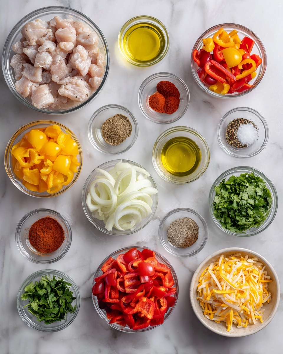 Top-down professional food photography, flat lay style, bright white marble countertop, neatly arranged, evenly spaced, tidy, clean organized layout, include: bowl of prepared chicken pieces, small bowls of sliced red, yellow, and green bell peppers, small bowl of sliced onions, small bowl of shredded cheese blend, small bowl of drained diced tomatoes with green chilies, small glass cup of olive oil, small glass cup of lime juice, small bowls containing individual fajita seasoning powders including chili powder, smoked paprika, ground cumin, garlic powder, onion powder, dried oregano, cayenne pepper, small bowls of salt and black pepper, small bowl of chopped fresh cilantro, bright soft natural lighting, sharp focus, high detail textures, realistic reflections, professional DSLR look, 4K, no finished dish, no cooked food, no hands, no text, no watermark, no brand logos --ar 4:5 --v 7