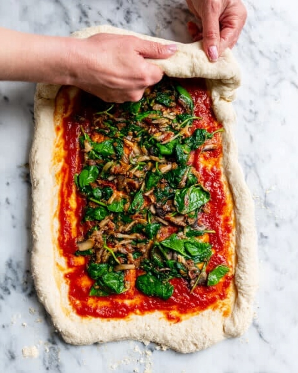 The image shows a rectangular pizza on a white marbled surface, with a thick, uneven crust that is being folded inward by a woman's hands on the left side. The pizza has a bright red tomato sauce base spread over the dough. On top of the sauce, there are scattered green spinach leaves and small pieces of brown mushrooms. The pizza dough is light beige with a slightly puffy texture, and the photo captures a close-up view from above. Photo taken with an iphone --ar 4:5 --v 7