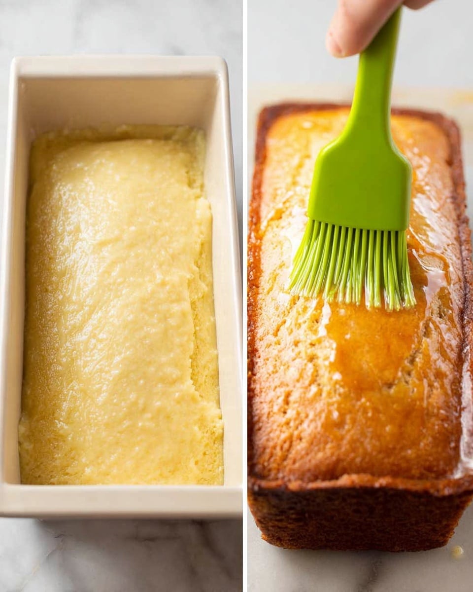 The image shows two parts: on the left, there is a white rectangular baking pan filled with pale yellow batter that has a smooth but slightly textured surface. On the right, the baked loaf sits on a white marbled surface, with a golden brown, slightly cracked top crust. A woman's hand is using a green brush to spread a shiny, light glaze over the warm loaf, highlighting its golden color and moist texture. The loaf is long and rectangular with slightly rounded edges, and the light catches on the glaze to show its glossiness photo taken with an iphone --ar 4:5 --v 7
