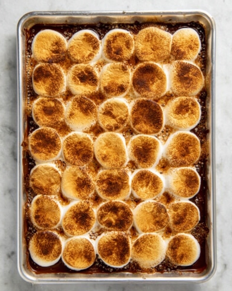 A rectangular metal baking tray filled with a layer of melted chocolate at the bottom, topped with a single layer of evenly spaced toasted marshmallows that are golden brown with darker brown toasted spots on top, covering the whole surface of the tray. The tray is placed on a white marbled surface. photo taken with an iphone --ar 4:5 --v 7