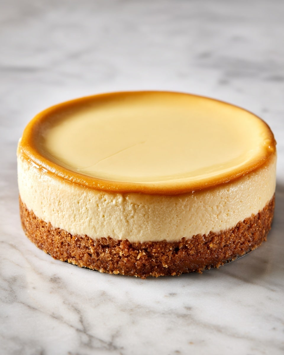The image shows a round cheesecake with two visible layers placed on a white marbled surface. The bottom layer is a thick, golden brown crust with a slightly rough texture. Above it is a smooth, creamy pale yellow layer forming the main body of the cheesecake. The top surface is evenly colored and glossy, with a faint shine reflecting light. The cheesecake is uncut and presented in a circular shape without any decoration. Photo taken with an iphone --ar 4:5 --v 7