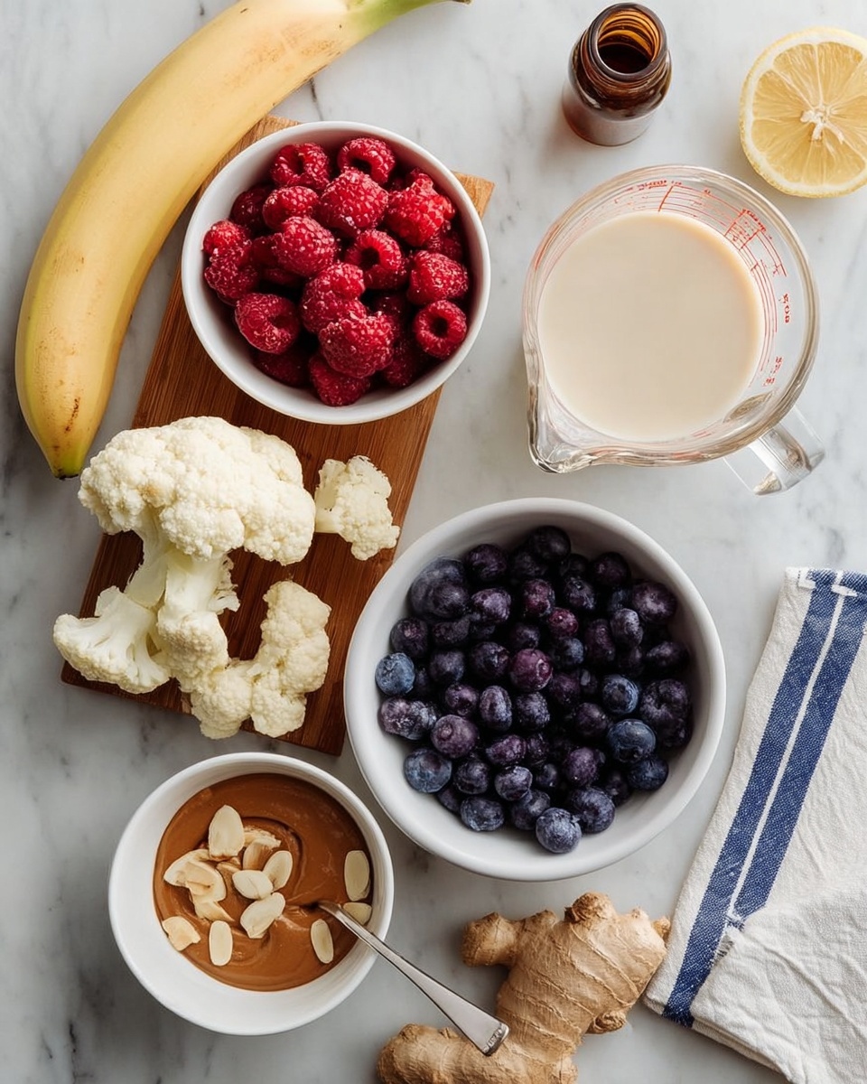 The image shows a white marbled surface with several food items arranged neatly. On the left, there is a wooden board holding a peeled banana and some small cauliflower pieces. Next to it is a white bowl filled with red raspberries. Above, a clear glass measuring cup is filled with a light-colored liquid. To the right, a white bowl is full of dark purple blueberries, and below it, a white bowl contains brown almond butter with a spoon inside. A few almond slices are scattered nearby. In the top right corner, a small brown bottle is placed near a folded white cloth with blue stripes. There is also a piece of fresh ginger root and a lemon slice partially visible on the right side of the image. photo taken with an iphone --ar 4:5 --v 7