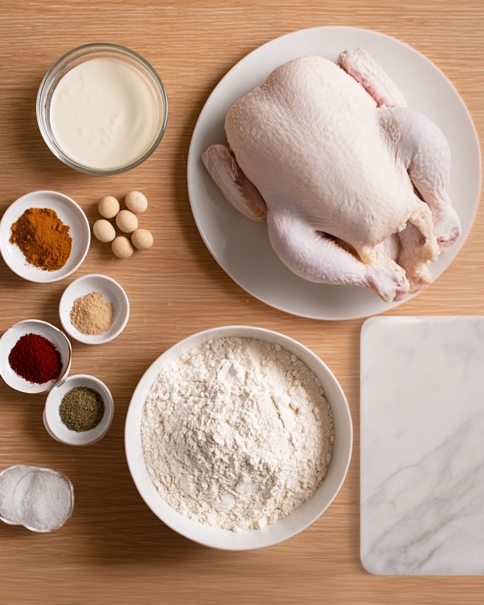 The image shows several bowls and a whole raw chicken on a white plate, placed on a wooden table. The largest white bowl at the bottom center is filled with white flour, smooth and fluffy. To the right, the whole raw chicken is on a white plate, with pale pink skin and a clear texture. Above the chicken is a small clear glass bowl filled with a creamy white sauce or yogurt. To the left, there are two small bowls: one white plate with seven different spices arranged neatly in small piles of various colors including red, brown, beige, and green, and a clear bowl with round beige tablets and white salt next to them. The background is changed to white marbled texture. Photo taken with an iphone --ar 4:5 --v 7
