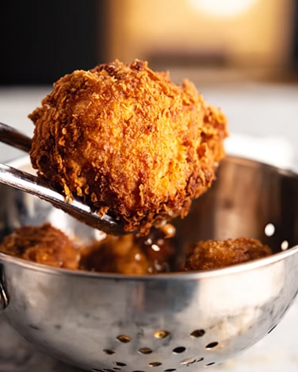 A deep golden brown fried chicken piece is lifted by a pair of metal tongs above a white colander. The chicken has a crunchy, rough texture with uneven crispy bumps all over. The colander underneath is metal with round holes and a smooth surface. In the background, a white marbled surface is softly out of focus. The lighting highlights the crispy details of the chicken skin. Photo taken with an iphone --ar 4:5 --v 7