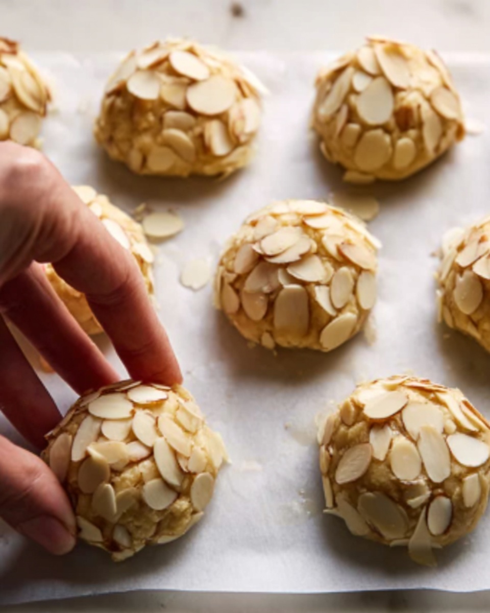The image shows several round dough balls covered with sliced almonds, placed evenly on a white parchment paper over a white marbled surface. A woman's hand gently presses down on one dough ball in the lower left corner, showing soft dough texture and almond layers on top. The dough balls have a light beige color with visible almond slice layers, arranged in neat rows across the scene. The lighting highlights the smooth texture of the dough and the crisp almond slices. photo taken with an iphone --ar 4:5 --v 7