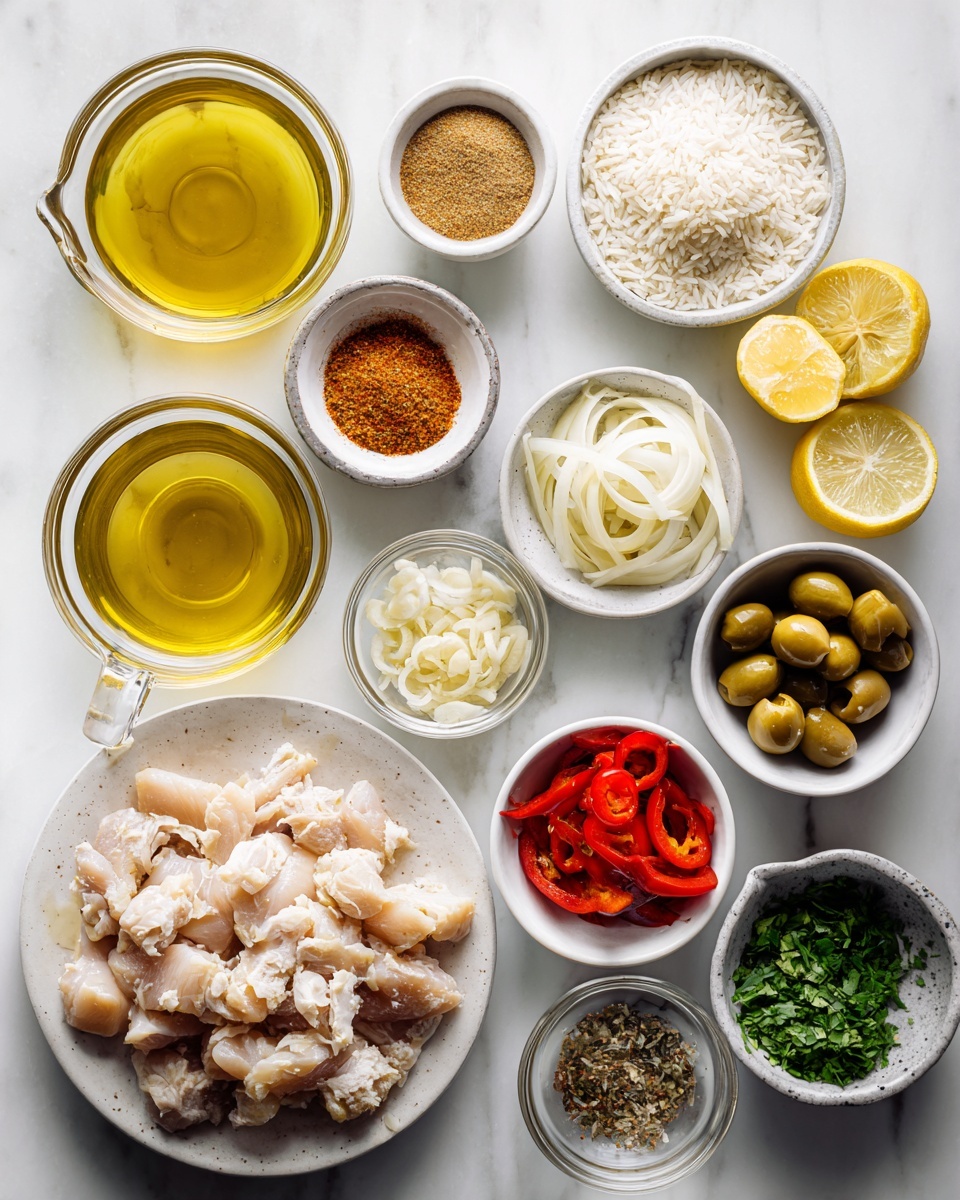 Top-down professional food photography, flat lay style, bright white marble countertop, neatly arranged, evenly spaced, tidy, clean organized layout, include: small glass cup of extra virgin olive oil, small plate with prepared chicken pieces seasoned with Cajun spices, small bowl of Cajun seasoning powder, small bowl of thinly sliced brown onion, small bowl of uncooked basmati rice, small bowl with crushed garlic cloves, small bowl with roasted red pepper strips drained, small glass measuring cup with chicken stock broth, small bowl with halved pitted olives, small bowl of finely chopped fresh flat-leaf parsley leaves, small plate with lemon wedges, bright soft natural lighting, sharp focus, high detail textures, realistic reflections, professional DSLR look, 4K, no finished dish, no cooked food, no hands, no text, no watermark, no brand logos --ar 4:5 --v 7