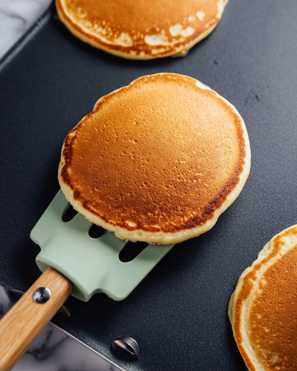 A close-up of a single golden brown pancake with a light, fluffy texture and slightly darker edges, resting on a pale green spatula with a wooden handle. The pancake appears thick and soft with a smooth, even surface. It is being flipped on a dark gray non-stick pan that has a smooth matte finish, showcasing the pancake perfectly cooked on one side. Part of another pancake is visible at the edge, and the background is a white marbled texture. Photo taken with an iphone --ar 4:5 --v 7