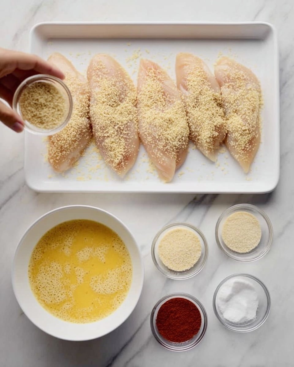 The image shows a white tray on a white marbled surface with eight raw chicken fillets seasoned with light brown spices. Above the tray, a woman's hand is holding a small glass bowl, adding more seasoning. Below the tray, there are two white bowls: the left bowl contains light yellowish dry breadcrumbs, and the right bowl is filled with beaten yellow eggs with some bubbles on the surface. To the right of the tray, three small clear bowls contain white powder, a light beige powder, and red powder, arranged vertically. The photo taken with an iphone --ar 4:5 --v 7