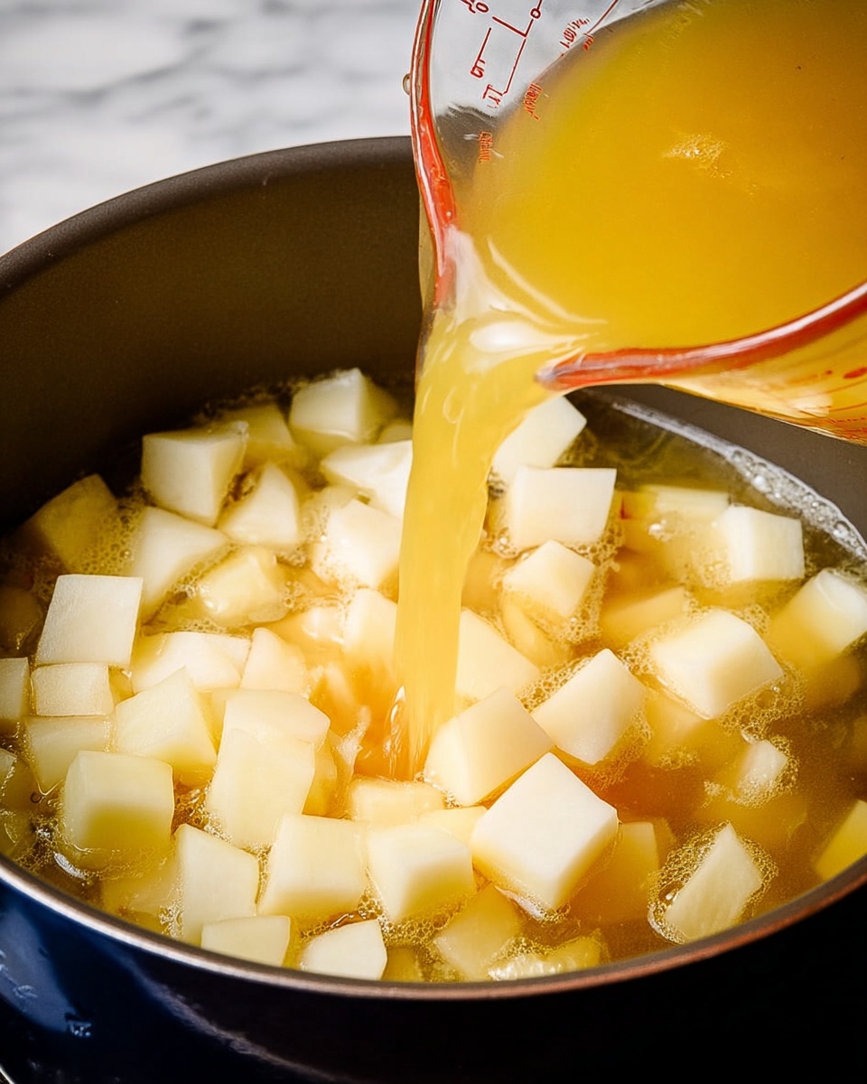 The image shows a close-up view of clear yellow broth being poured from a measuring cup into a dark pot filled with white and beige potato cubes. The broth appears to be fresh and steaming, and the potato cubes fill the bottom layer with some bubbling liquid around them. The pot contrasts sharply with the white marbled texture surface below, creating a clean kitchen setting. Photo taken with an iphone --ar 4:5 --v 7