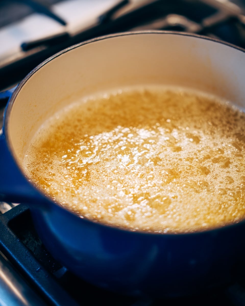 A close-up view of a dark blue pot with a white inside edge, sitting on a stove, filled with a light yellowish liquid that is gently bubbling, showing small chunks and foam floating on the surface, indicating the broth or stock is simmering. The background shows part of the stove but the focus stays on the pot and its simmering contents. Photo taken with an iphone --ar 4:5 --v 7