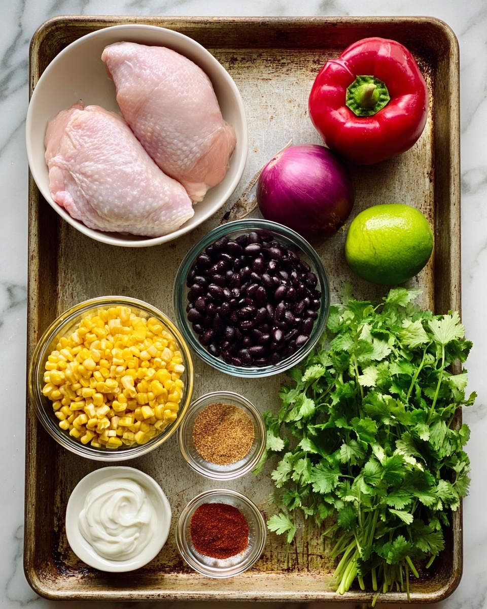 A rustic metal tray holds the ingredients arranged neatly against a white marbled surface. In the top left corner, a white bowl contains two raw light pink chicken pieces. To its right, there is a quarter of a purple onion, a whole green lime, and a large red bell pepper. Below the chicken, two small glass bowls hold black beans and grilled yellow corn, both with rich, vibrant colors. On the bottom left, a spoonful of white creamy yogurt sits beside a small white bowl containing four spices in reddish and brown shades. Lastly, a large bunch of fresh green cilantro lies on the lower right corner, its leafy texture contrasting with the smoothness of the other items. Photo taken with an iphone --ar 4:5 --v 7