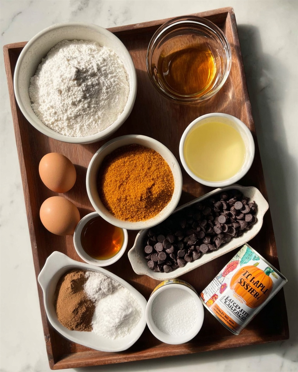 A wooden tray holds several small white bowls and containers, each filled with different baking ingredients arranged neatly. One bowl has white flour with a powdery texture, another holds creamy white sugar, and a third contains a thick golden-yellow liquid. A clear glass bowl filled with bright orange-brown sugar sits near the center. There is also a bowl with small, dark chocolate chips. On the tray, two brown eggs rest next to a white dish holding brown spices and white powder. A small glass container of amber syrup and a can of pumpkin puree with a colorful label complete the scene. The tray is on a white marbled surface. photo taken with an iphone --ar 4:5 --v 7