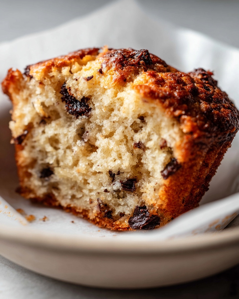 A close-up view of a muffin half placed on white parchment paper inside a white dish. The muffin has a golden-brown crust with a moist, crumbly inside showing small air pockets and pieces of dark chocolate or fruit scattered throughout. The top edge is slightly darker and textured, showing a soft but firm crumb. Light shines on it from the side, highlighting the textures and warmth of the muffin. The white marbled surface underneath is visible around the edges of the dish. photo taken with an iphone --ar 4:5 --v 7