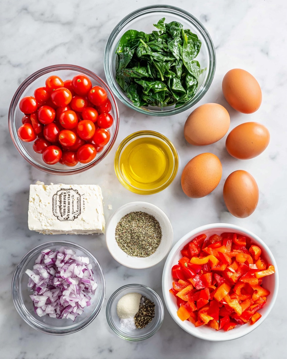 The image shows several clear glass bowls and one white bowl placed on a white marbled surface, each filled with different ingredients. Starting from the top left, there is a bowl filled with bright red cherry tomatoes, to the right of it are four whole brown eggs. Below the tomatoes is a bowl with dark green fresh spinach leaves, and next to it, a small bowl with golden yellow olive oil. Below the oil is another bowl containing finely chopped purple and white onions. In the bottom right, the white bowl is full of bright red diced bell peppers. To the left of these bowls is a block of white feta cheese with a label, and nearby is a small white bowl containing a mix of dried herbs and spices including black pepper, oregano, and salt. Finally, a tiny clear bowl in the center holds minced garlic. photo taken with an iphone --ar 4:5 --v 7
