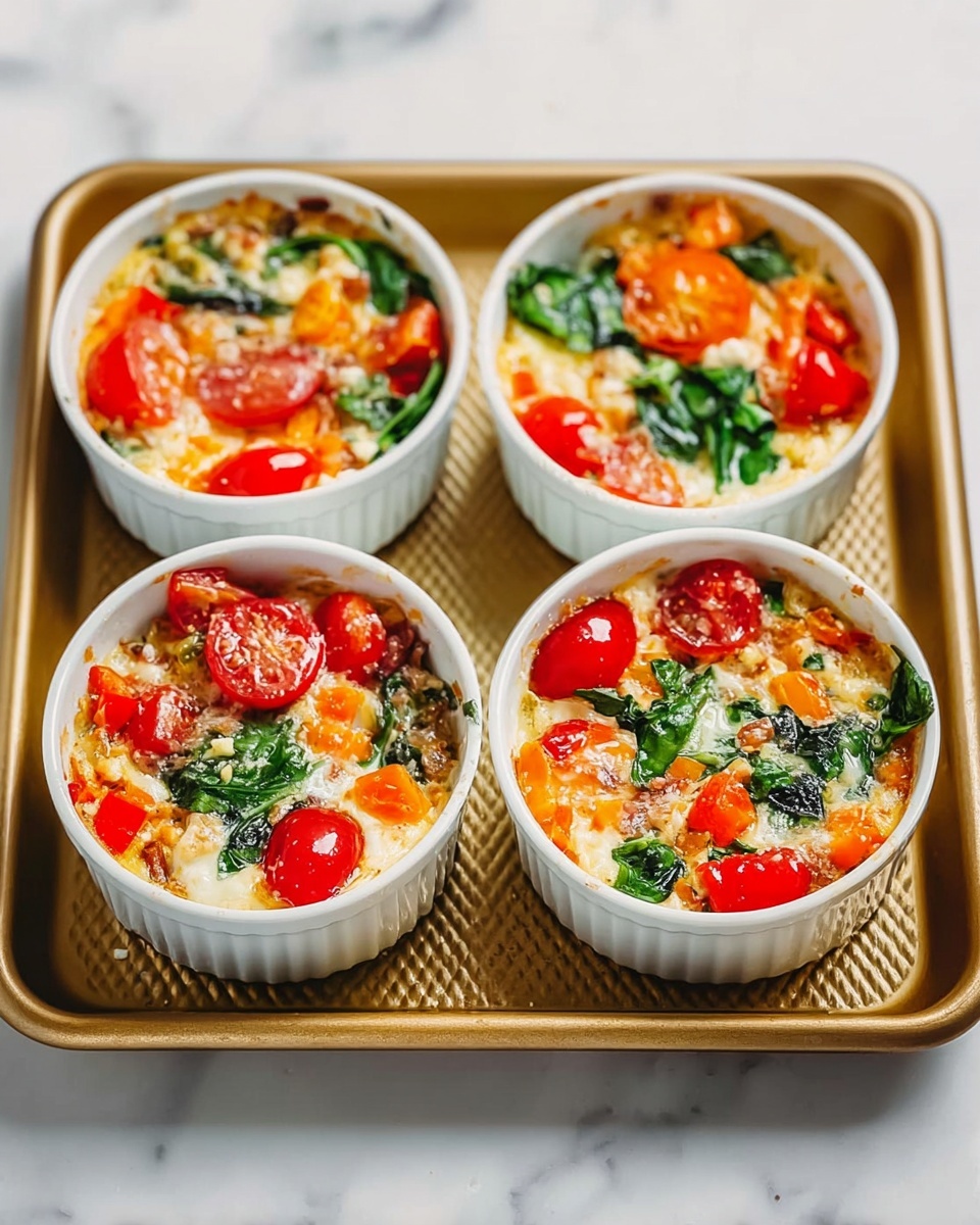 The image shows four white round ramekins filled with a colorful baked mixture on a golden textured baking tray. Each ramekin has bright red cherry tomatoes, fresh green spinach leaves, orange bell pepper pieces, and small bits of white cheese or egg mixed throughout. The mixture appears slightly browned on top with some melted cheese or egg bubbles. The ramekins are arranged close together in a square shape on the tray, which rests on a white marbled surface. Photo taken with an iphone --ar 4:5 --v 7