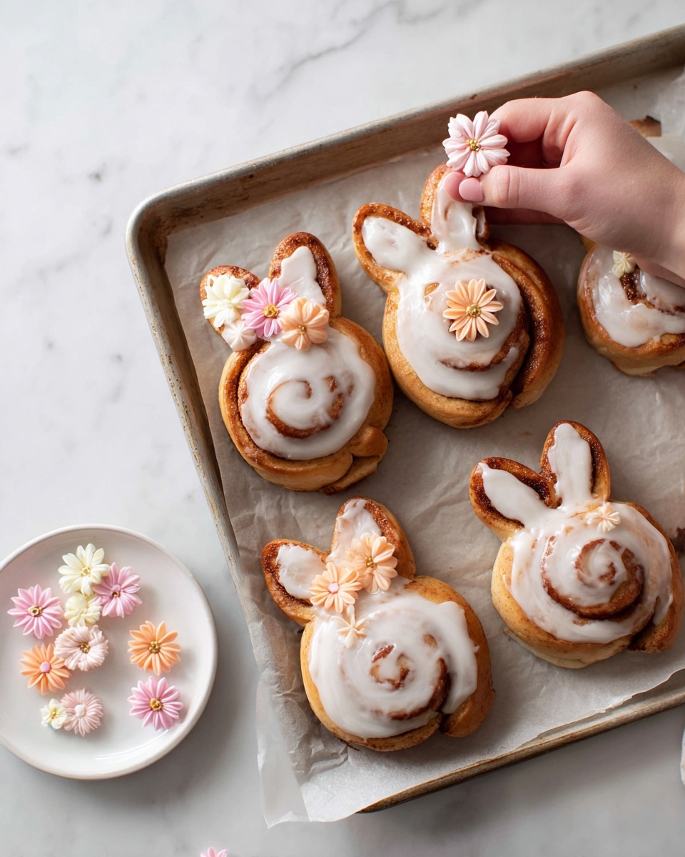 Five bunny-shaped cinnamon rolls are placed evenly on a baking sheet lined with parchment paper, each roll showing two tall ears and a spiral center covered with a smooth, white glaze. A woman's hand is gently placing small pastel-colored flower decorations—pink, peach, and cream—across the ears of one roll near the top right, adding a delicate detail. Below the tray, a white plate holds more of these tiny flower decorations. The baking sheet rests on a white marbled surface, giving a clean and bright background. photo taken with an iphone --ar 4:5 --v 7