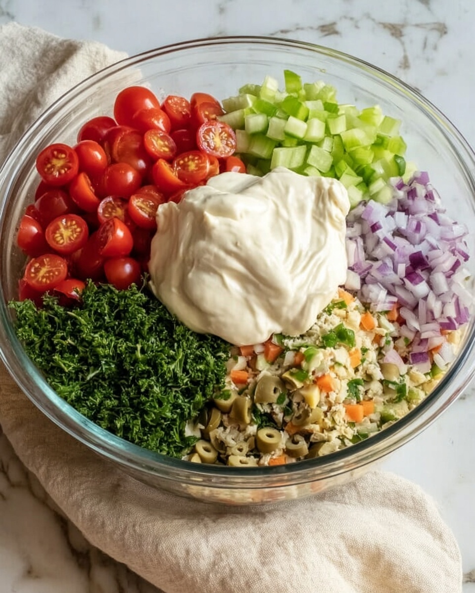 A clear glass bowl filled with six separate layers of ingredients arranged in a circular pattern: bright red chopped cherry tomatoes in the top left, light green diced celery below them, finely chopped dark green parsley next, next to that are finely chopped light purple onions, above the onions is a mix of chopped green and orange olives, and in the center is a big scoop of smooth white mayonnaise. All is placed on a white marbled surface with a cream cloth nearby. Photo taken with an iphone --ar 4:5 --v 7