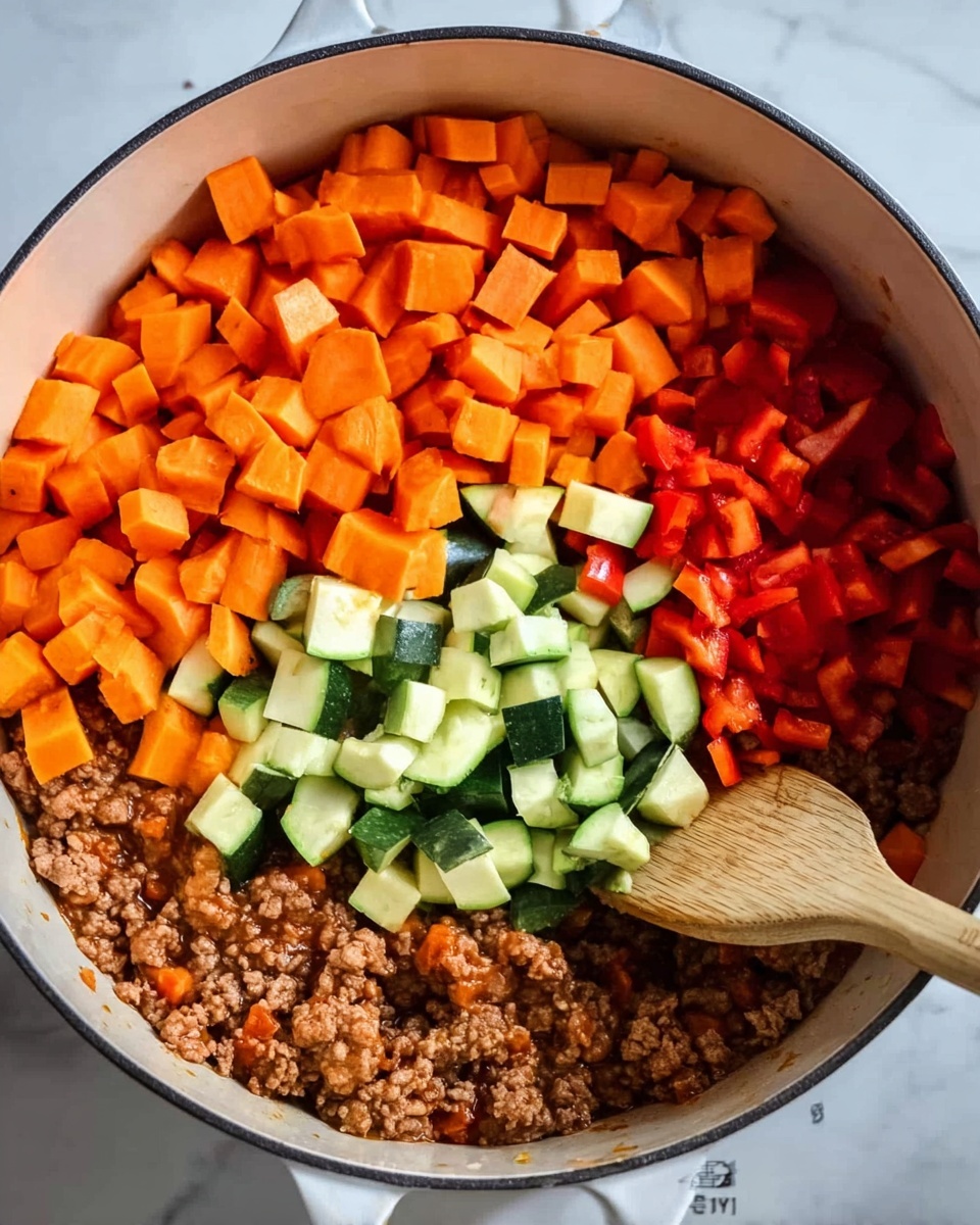 The image shows a white pot filled with different layers of diced vegetables and cooked ground meat. At the bottom is a brown layer of cooked ground meat with a soft texture. On top, there are four layers of chopped vegetables: bright orange carrots on the upper right, light green diced zucchini below the carrots, deeper orange chunks of sweet potato to the lower left, and red bell peppers above the sweet potatoes. A wooden spoon is stirring the vegetables and meat from the left side of the pot. The background is a white marbled texture. Photo taken with an iphone --ar 4:5 --v 7