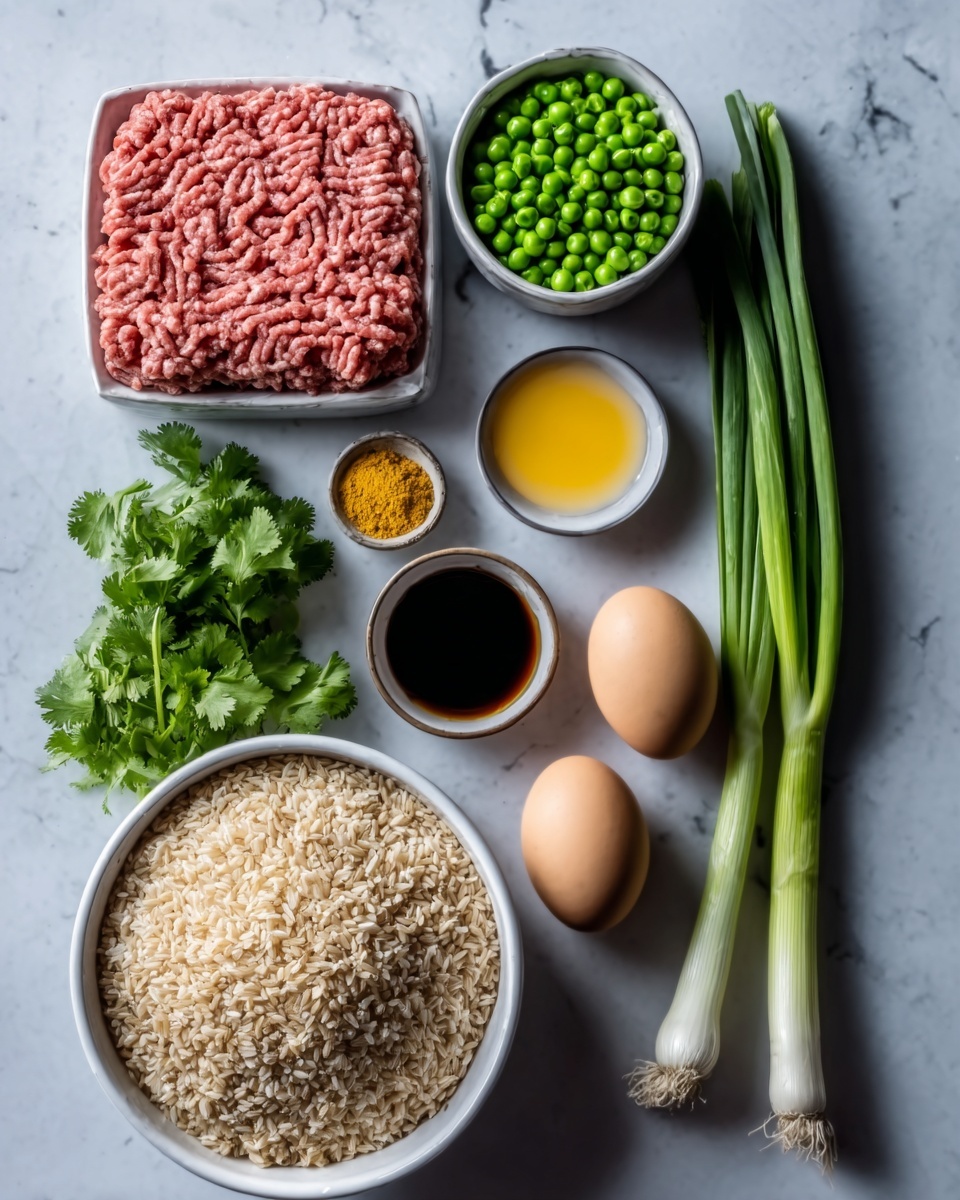 The image shows ingredients arranged neatly on a white marbled surface. At the top is a square white dish filled with raw ground meat, pink and finely textured. Below it is a small white bowl with green peas, round and fresh-looking. Next to it are three small bowls: one with a bright yellow powder, another with dark brown sauce, and the last with two long green onions resting on the surface. Near the center, two brown eggs are placed side by side. At the bottom, a large white bowl contains uncooked rice, light brown and grainy. A bunch of fresh green cilantro sits to the left side of the show. photo taken with an iphone --ar 4:5 --v 7