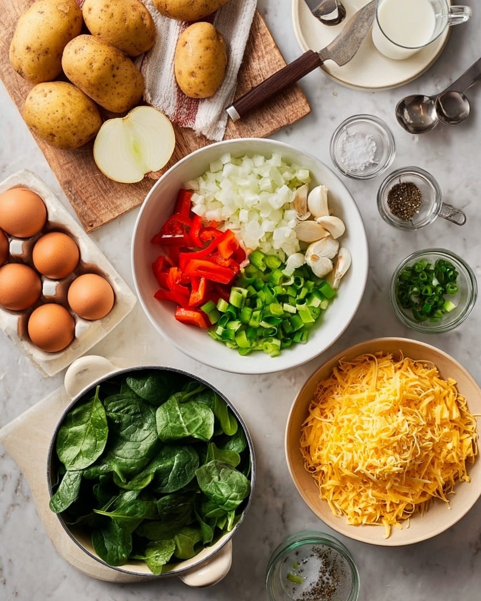 The image shows fresh cooking ingredients arranged on a white marbled surface. In the center, a white bowl holds three layers of finely chopped vegetables: red bell pepper on the top left, green bell pepper on the top right, and white onion at the bottom, with three whole garlic cloves placed on the onion. To the right is a beige bowl full of shredded yellow cheddar cheese. Below it, a small transparent glass bowl contains chopped green onions. In the lower left corner, a white pot is filled with fresh green spinach leaves. To the right of the spinach pot, an open egg carton holds seven brown eggs. At the top left, a wooden cutting board has three whole potatoes, some cut into small cubes, and a brown-handled knife resting on it. There are two small metal measuring cups near the top center, next to a white plate sprinkled with coarse salt and black pepper. A glass jar of oil and a small glass of milk are placed to the left. A woman’s hand is not visible in the scene. photo taken with an iphone --ar 4:5 --v 7
