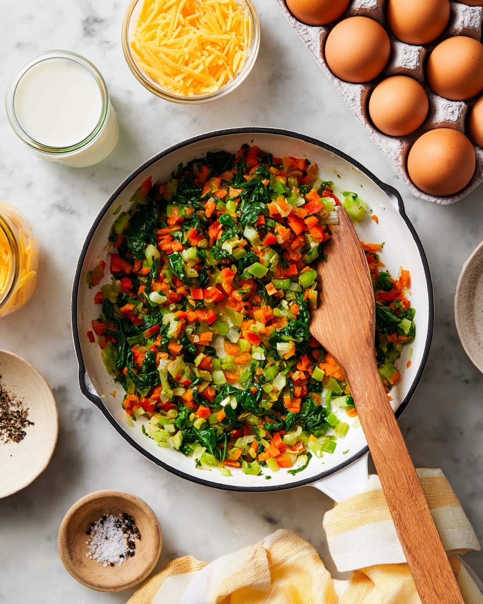 A white pan with a black rim is shown from above, filled with three layers of sautéed vegetables: finely chopped orange carrots, red bell peppers, green bell peppers, yellow onions, and spinach leaves with a soft texture, mixed evenly across the pan. A wooden spatula rests inside the pan, touching the vegetables. Around the pan, on a white marbled surface, there is a carton of brown eggs in the top right, a small glass jar filled with milk in the top left, a bowl with shredded yellow cheese to the right, a white plate with cracked black pepper and salt in the bottom left, and a yellow and white cloth napkin draped under and around the pan’s handle near the bottom center. photo taken with an iphone --ar 4:5 --v 7