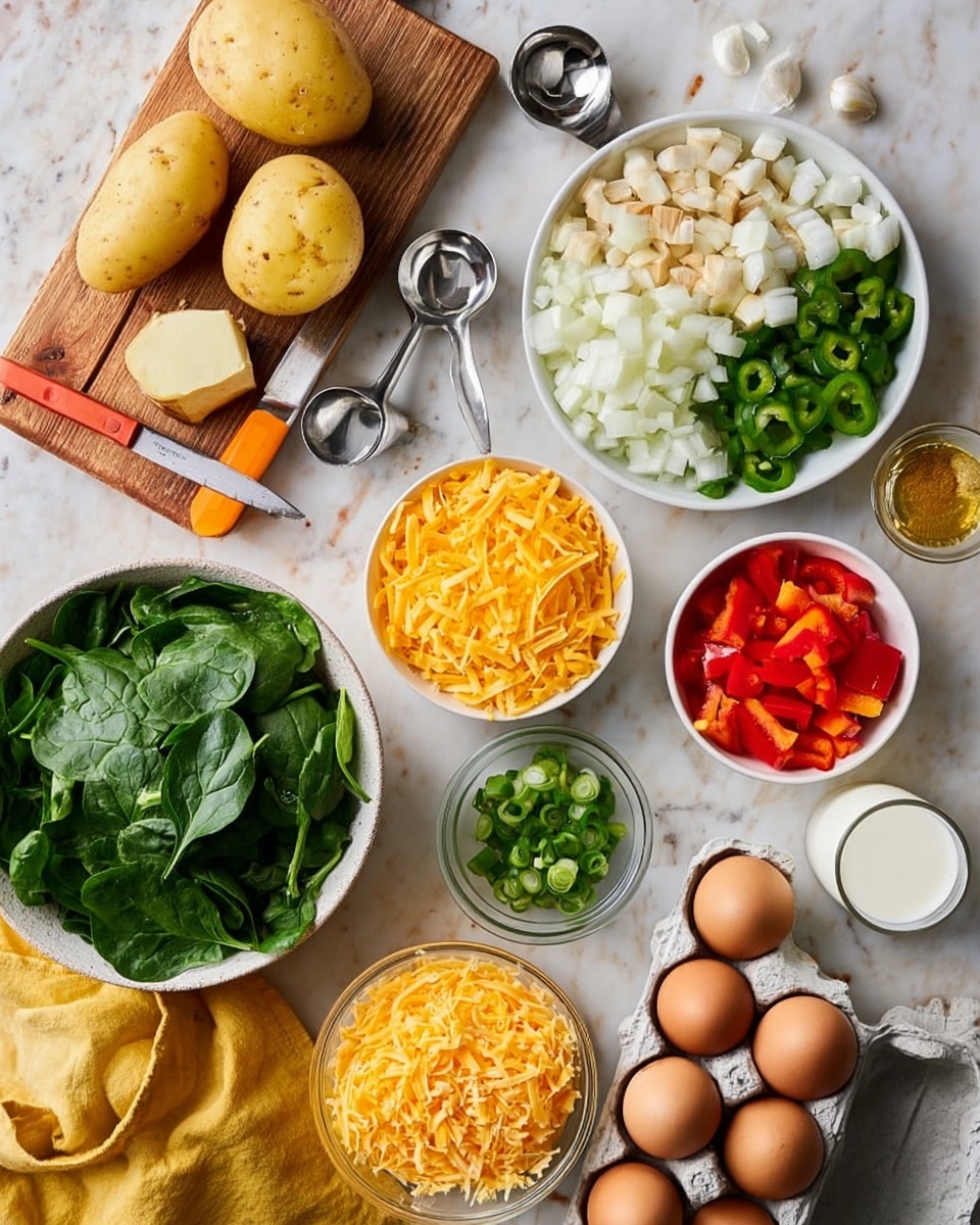 The image shows a white marbled surface with various ingredients arranged neatly. At the top left, there is a wooden board with two whole yellow potatoes, one chopped into small cubes, placed next to a kitchen knife with an orange handle. Nearby, there are small metal measuring cups. To the right, a white bowl holds three raw garlic cloves on top of diced white onions, red bell peppers, and green bell peppers, each in separate, clear sections. A white bowl on the right is filled with bright orange shredded cheddar cheese. Below, a small clear bowl contains chopped green onions. Towards the bottom left, a large white bowl is filled with fresh green spinach leaves, and next to it is a carton of brown eggs with eight eggs visible. A small glass of milk and a small jar of olive oil are also present on the surface. A yellow cloth is partially under the spinach bowl. photo taken with an iphone --ar 4:5 --v 7