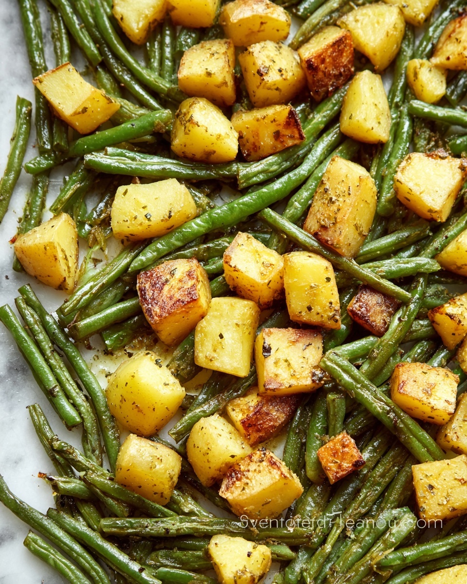 This image shows roasted green beans and potato pieces mixed together. There are two main layers: the green beans are long and vibrant green, spread all around, and on top of them are golden yellow potato chunks with some brown, crispy edges. The pieces have a slightly shiny and seasoned look with small black pepper spots. The green beans and potatoes are evenly distributed, filling the white marbled surface background underneath. photo taken with an iphone --ar 4:5 --v 7