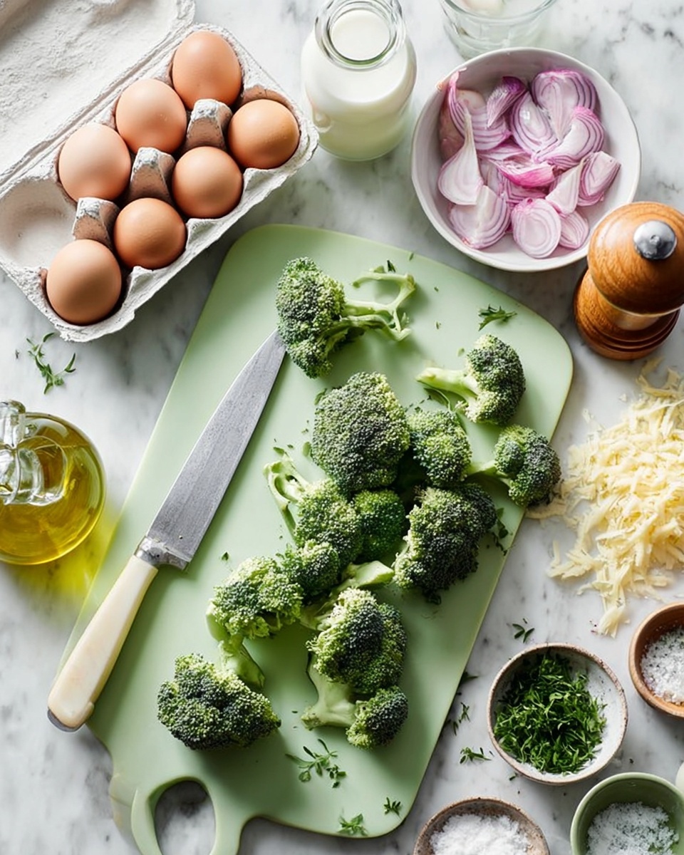 A light green cutting board is placed on a white marbled surface, with fresh broccoli pieces scattered on it. A large knife with a light handle rests on the board, partially under the broccoli. To the top left, there is a white carton holding six brown eggs, with one egg outside near a glass bottle of olive oil. Next to it is a glass bottle of milk. To the right side, a white bowl contains sliced purple onions. Small bowls with white salt and fresh green herbs are also visible, along with a wooden pepper grinder and a block of cheese with shredded cheese nearby in the upper right corner. photo taken with an iphone --ar 4:5 --v 7