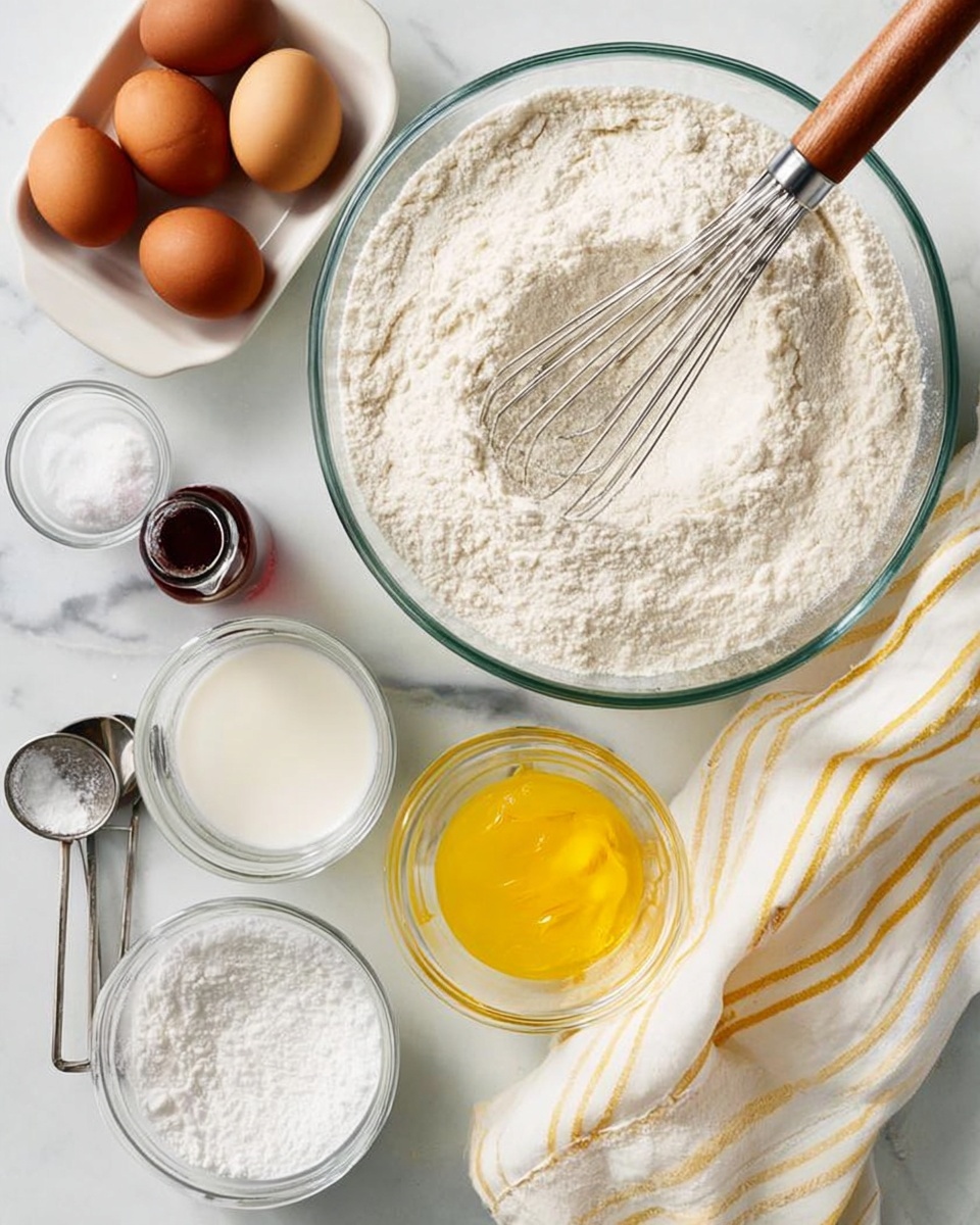 The image shows a white marbled surface with baking ingredients arranged neatly. In the center, there is a large clear glass bowl filled with a dry white flour mixture and a metal whisk with a wooden handle resting on top. Below it, two clear glass measuring cups are placed side by side; the left one contains white milk, and the right one holds yellow melted butter. To the left, there is a white dish holding three brown eggs, above it a small clear glass bowl filled with white sugar, and next to it a tiny dark bottle of vanilla extract. At the bottom left, a small clear glass bowl holds white baking powder with two metallic measuring spoons resting inside. A white cloth with yellow stripes lies partially under the flour bowl on the right side. photo taken with an iphone --ar 4:5 --v 7