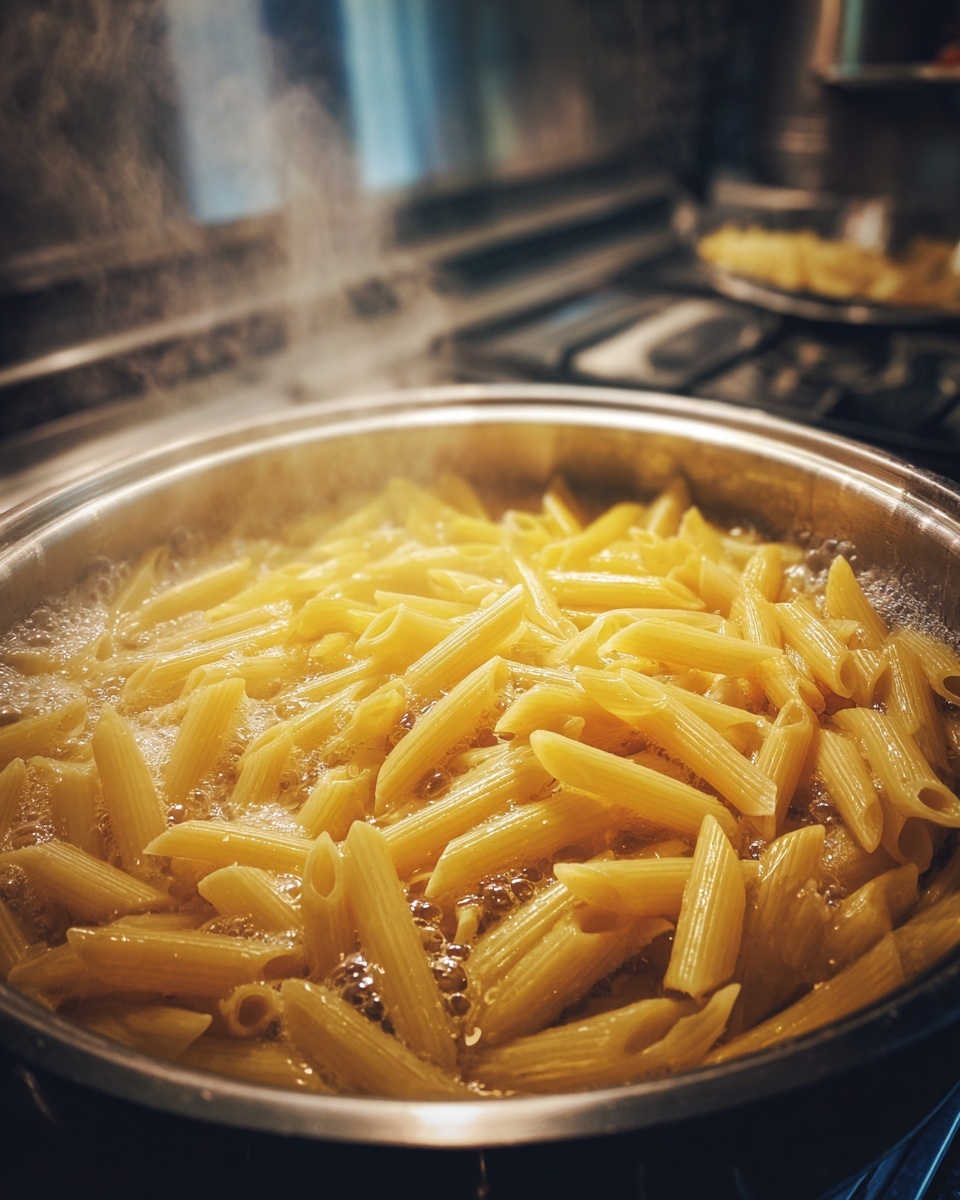A close-up top view of a pot filled with boiling penne pasta. The pasta is light yellow and fully submerged in bubbling hot water, with steam rising from the pot. The pot is silver metal with a smooth edge, sitting on a stove burner. The background shows part of the stove inside a kitchen setting. photo taken with an iphone --ar 4:5 --v 7