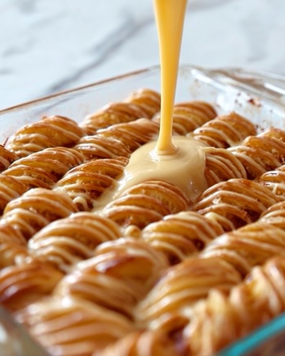 The image shows a close-up of a glass baking dish filled with multiple rows of golden brown twisted pastries. A smooth, creamy light caramel sauce is being poured evenly over the ridged tops of the pastries, creating a shiny, slightly thick layer that follows the twists closely. The warm pastry texture contrasts with the creamy sauce, making the dish look rich and inviting. The background is a white marbled texture. Photo taken with an iphone --ar 4:5 --v 7