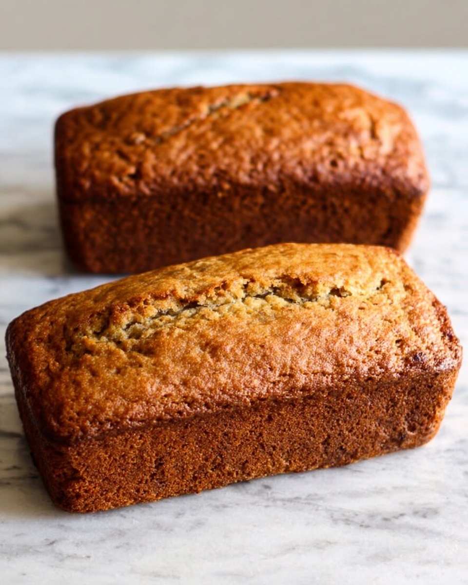 The image shows two rectangular banana breads placed side by side on a white marbled surface. Both loaves have a golden brown color with a slightly rough texture on top, showing small cracks and a few visible bits of banana or nuts mixed into the bread. The front loaf is a lighter brown shade compared to the second loaf behind it, which is a darker brown. Both breads have smooth, even sides with a dense, moist appearance. photo taken with an iphone --ar 4:5 --v 7