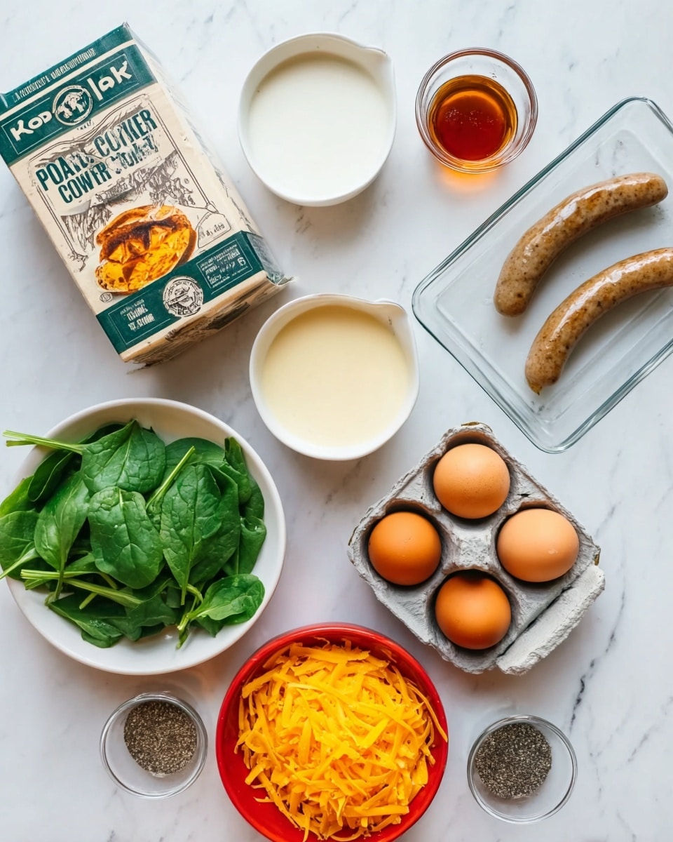 The image shows various ingredients for a recipe arranged on a white marbled surface. On the left side, there is a box of Kodiak Power Cakes mix with a small white bowl of fresh green spinach leaves below it. To the right, a clear rectangular dish holds two light brown sausages. Above it, a white bowl contains a creamy white liquid. Next to that, a small glass cup is filled with a dark amber liquid. Below the sausages, a grey cardboard carton holds two brown eggs. In the lower right corner, a red bowl is filled with bright orange shredded cheese. Small containers with black and white pepper and salt are also placed near the bottom edge. The setup is bright and neat, showing fresh ingredients ready to be used, photo taken with an iphone --ar 4:5 --v 7
