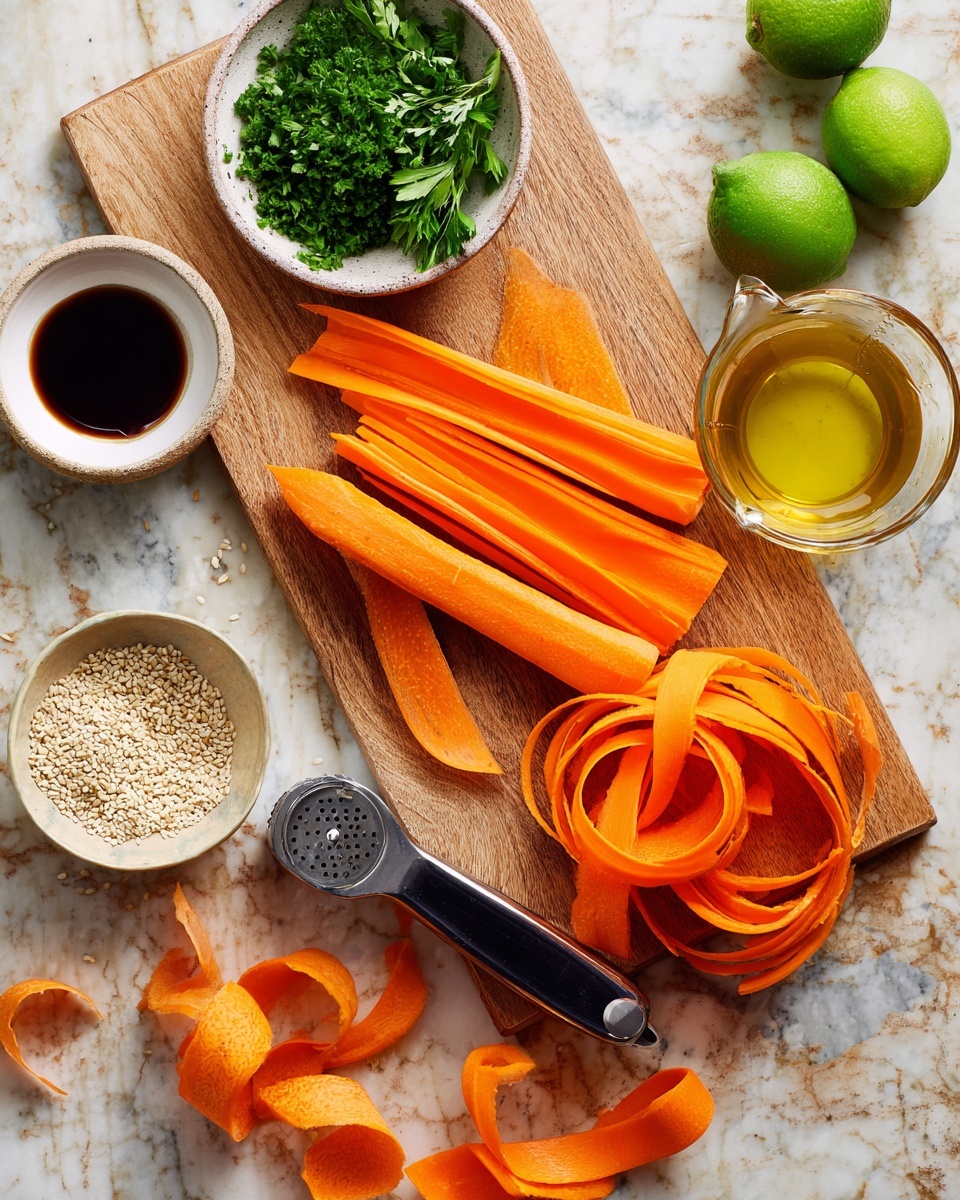 The image shows a wooden cutting board on a white marbled surface, with three peeled bright orange carrots placed on it, along with thin and long orange carrot peel strips curling around the board. A metal peeler lies beside the carrots. Around the cutting board are small bowls, one filled with green fresh parsley, one with white sesame seeds, one holding a dark sauce, one with a light brown liquid, and a clear measuring cup holding golden oil. Two whole green limes are positioned near the top right. photo taken with an iphone --ar 4:5 --v 7