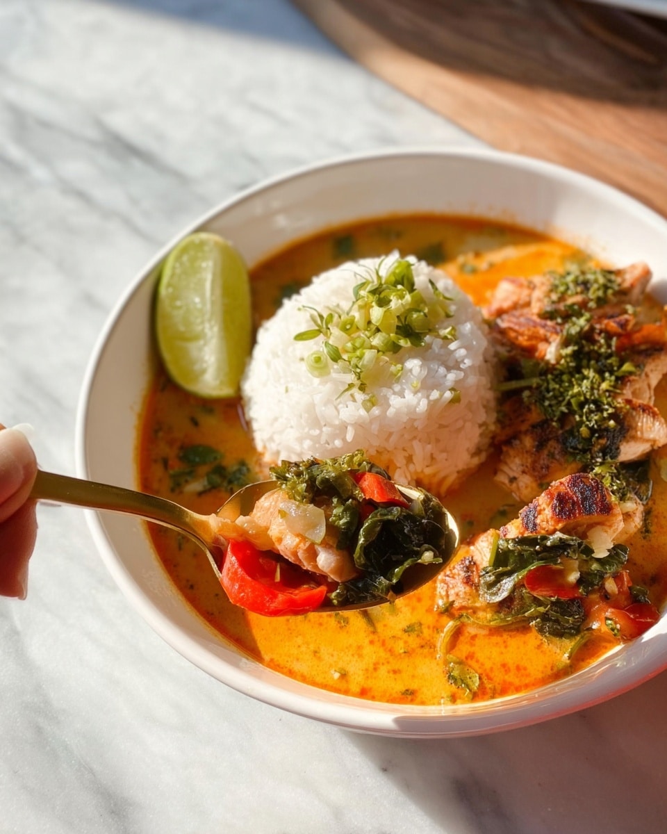 A white bowl on a white marbled surface holds a colorful layered dish showing creamy orange broth at the bottom, with pieces of bright red bell pepper and dark green leafy vegetables mixed in. Next to the broth is a mound of white rice, shaped neatly and topped with a thin lime slice and green herb bits. Above the broth, some grilled, lightly browned pieces of meat or fish rest, garnished with chopped green herbs. In front, a gold spoon lifted by a woman's hand holds a mix of rice, orange broth, a piece of red bell pepper, and green herbs, all brightly lit by warm natural sunlight. photo taken with an iphone --ar 4:5 --v 7